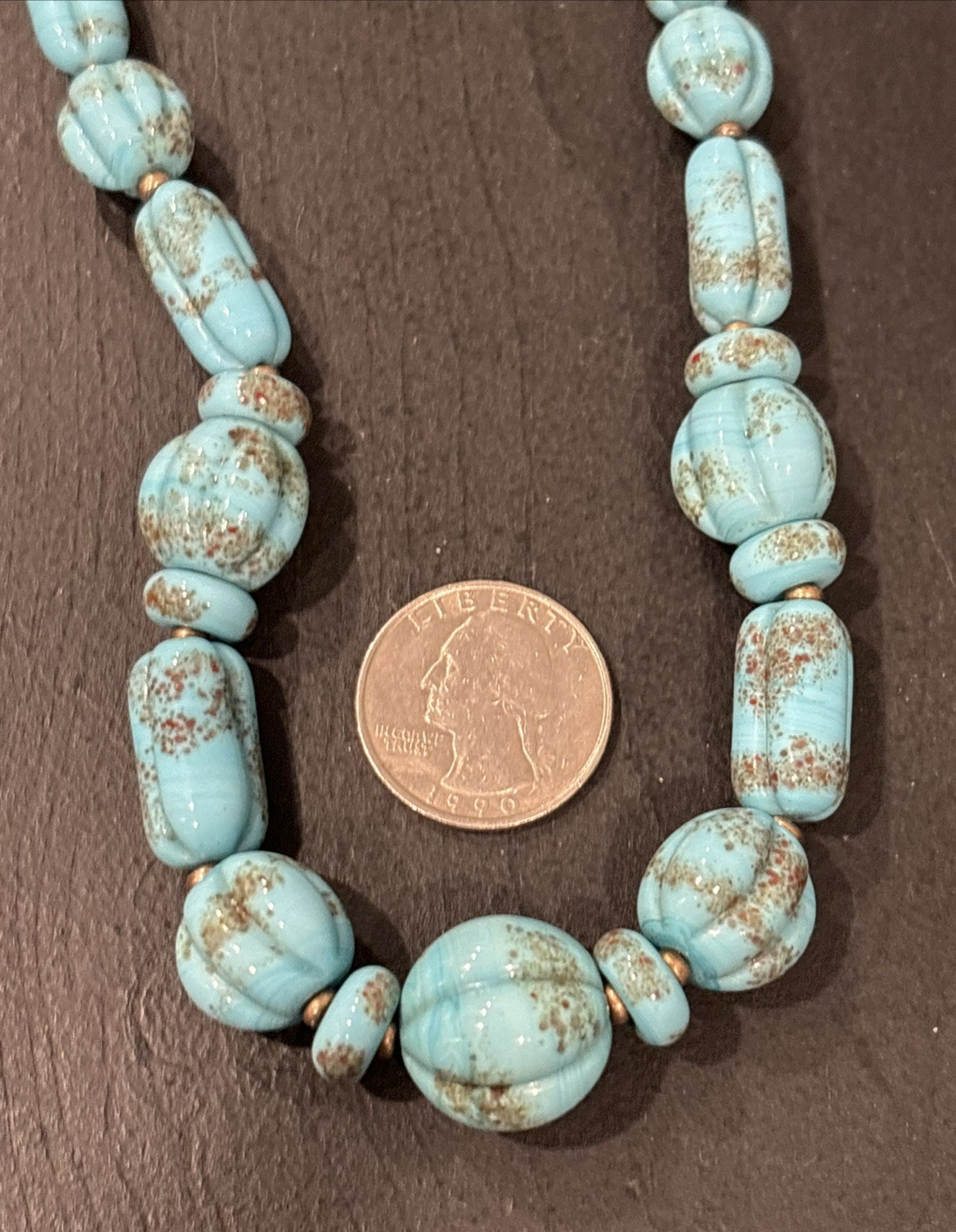 Antique Faux Turquoise Slag Glass Bead Beaded 16 1/2″ Necklace Textured Beads
