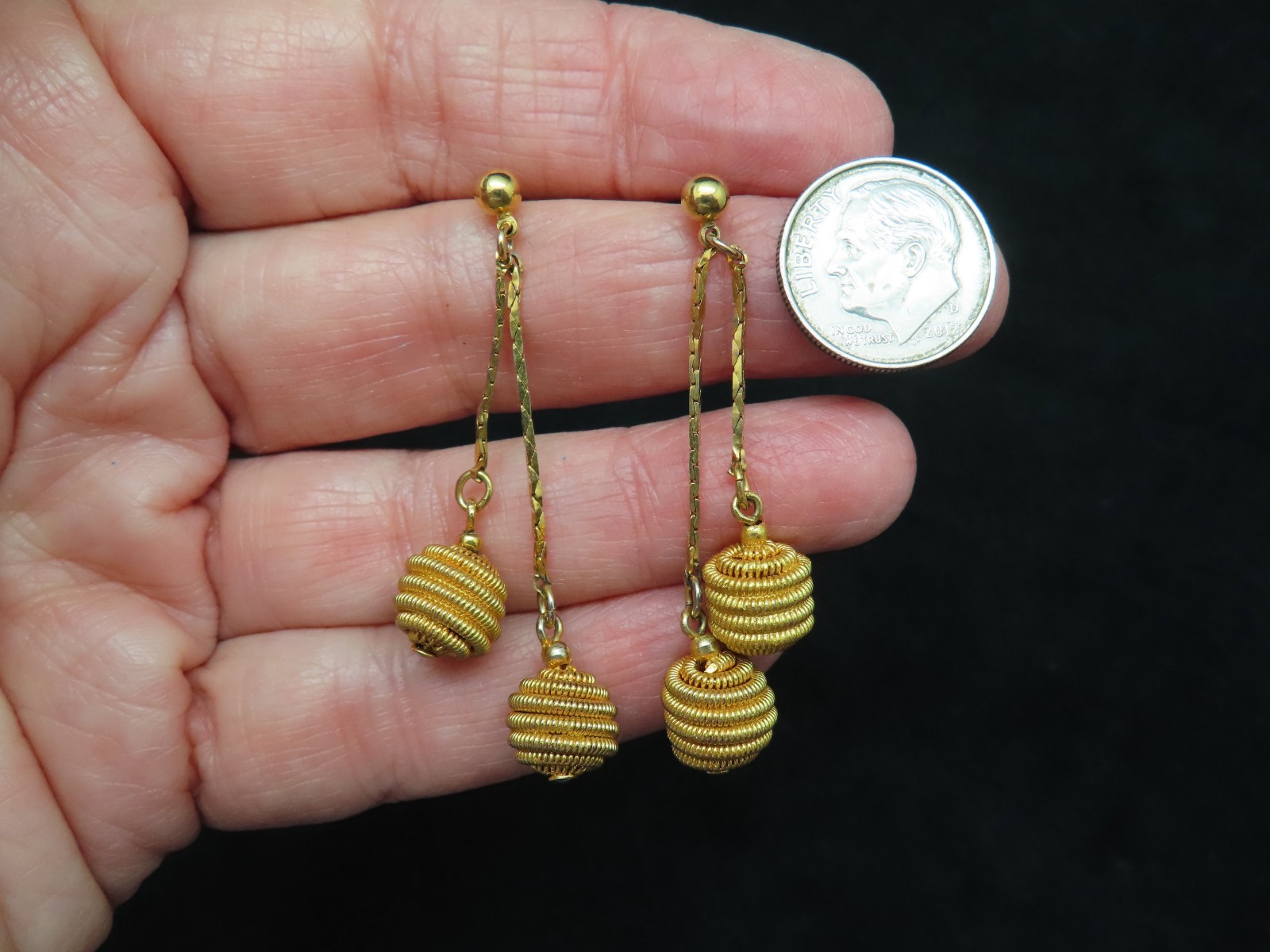 Vintage Gold Plated 1980’s Dangle Ball Pierced Earrings on Cobra Chain
