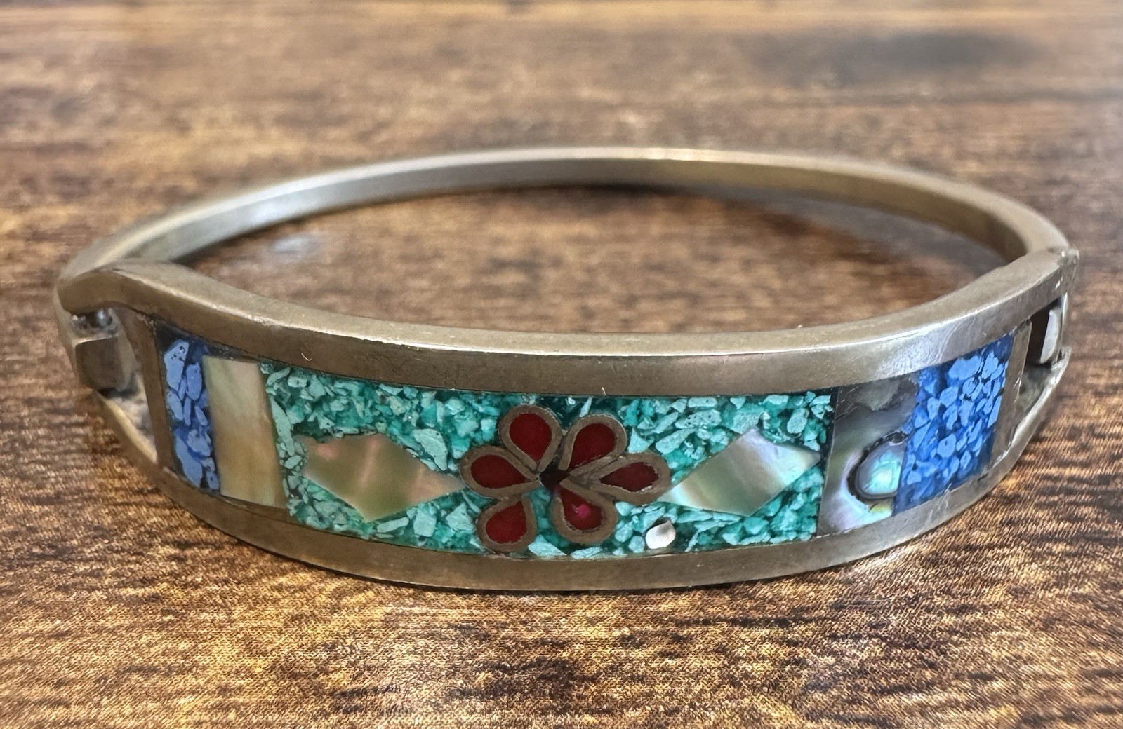 Vintage Taxco Mexico Alpaca Silver Chip Inlay Multi Stone Hinged Bracelet