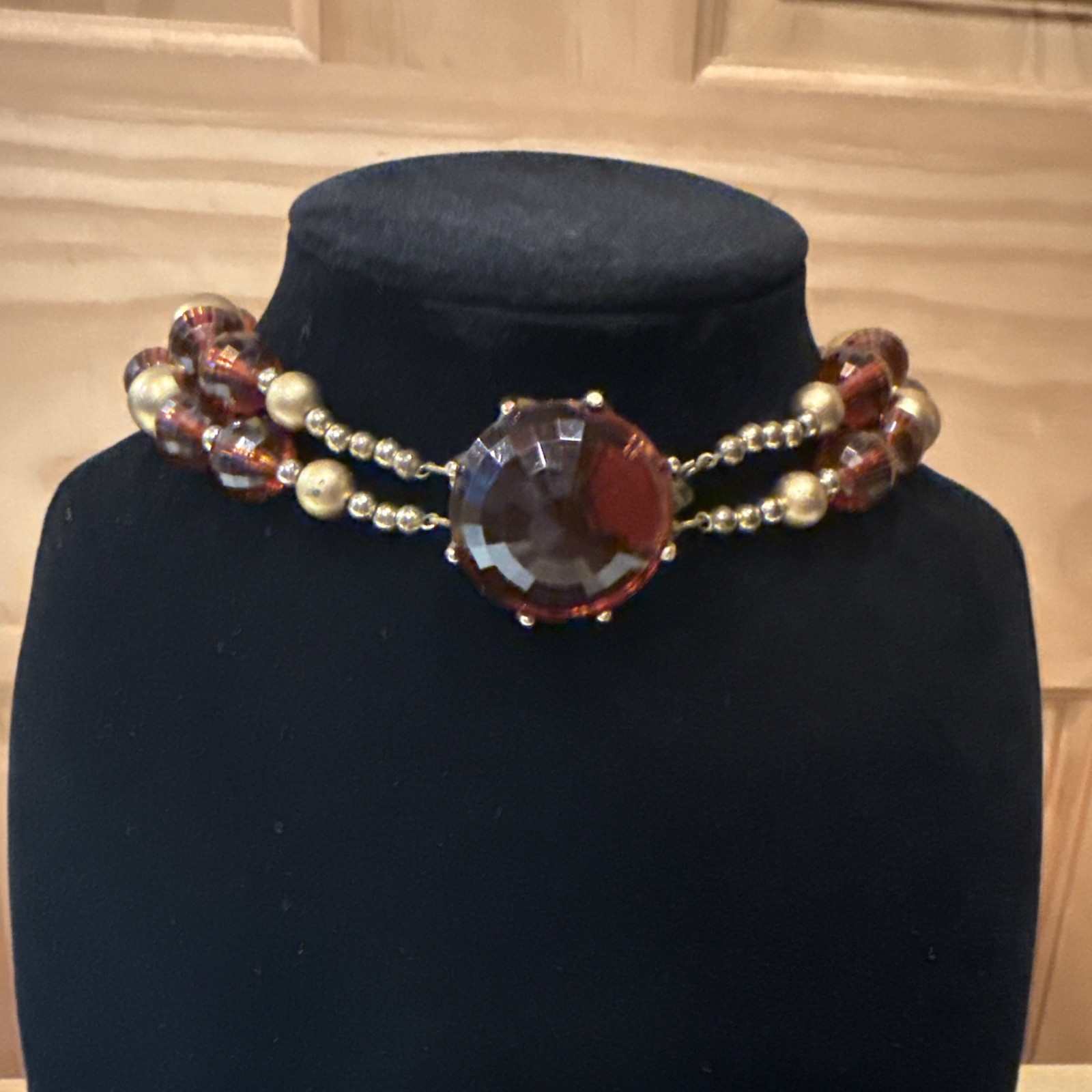 VTG Lucite Beaded Two Strand Necklace Two Tone Honey Amber Gold Faceted 16”