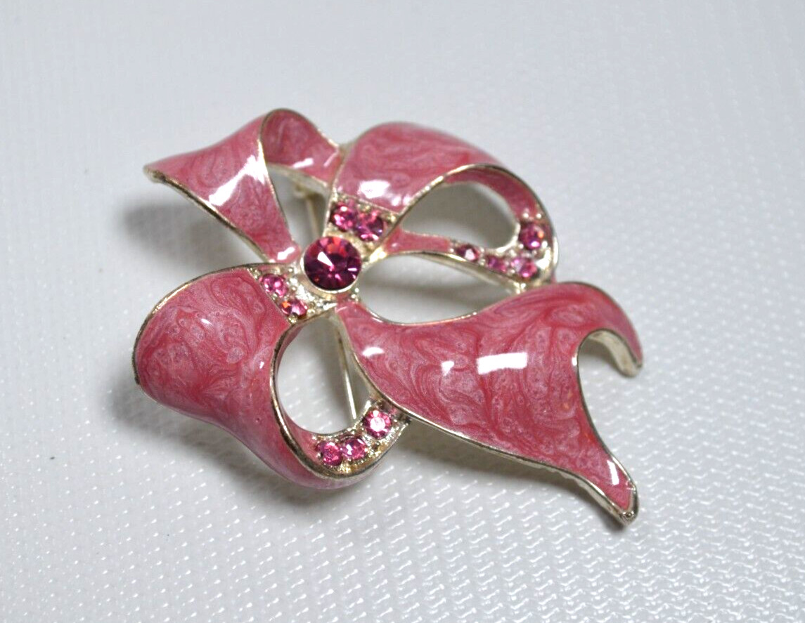 Vintage Ribbon Bow Pink Swirl Enamel Coated Brooch Pink Rhinestones
