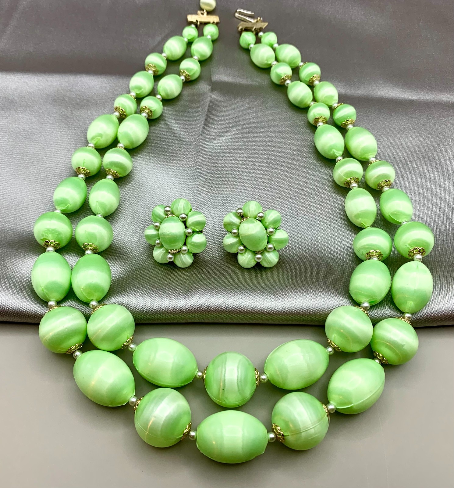 Vintage Lime Green Satin Finish 2-Strand Necklace & Clip Earrings Set MCM Japan