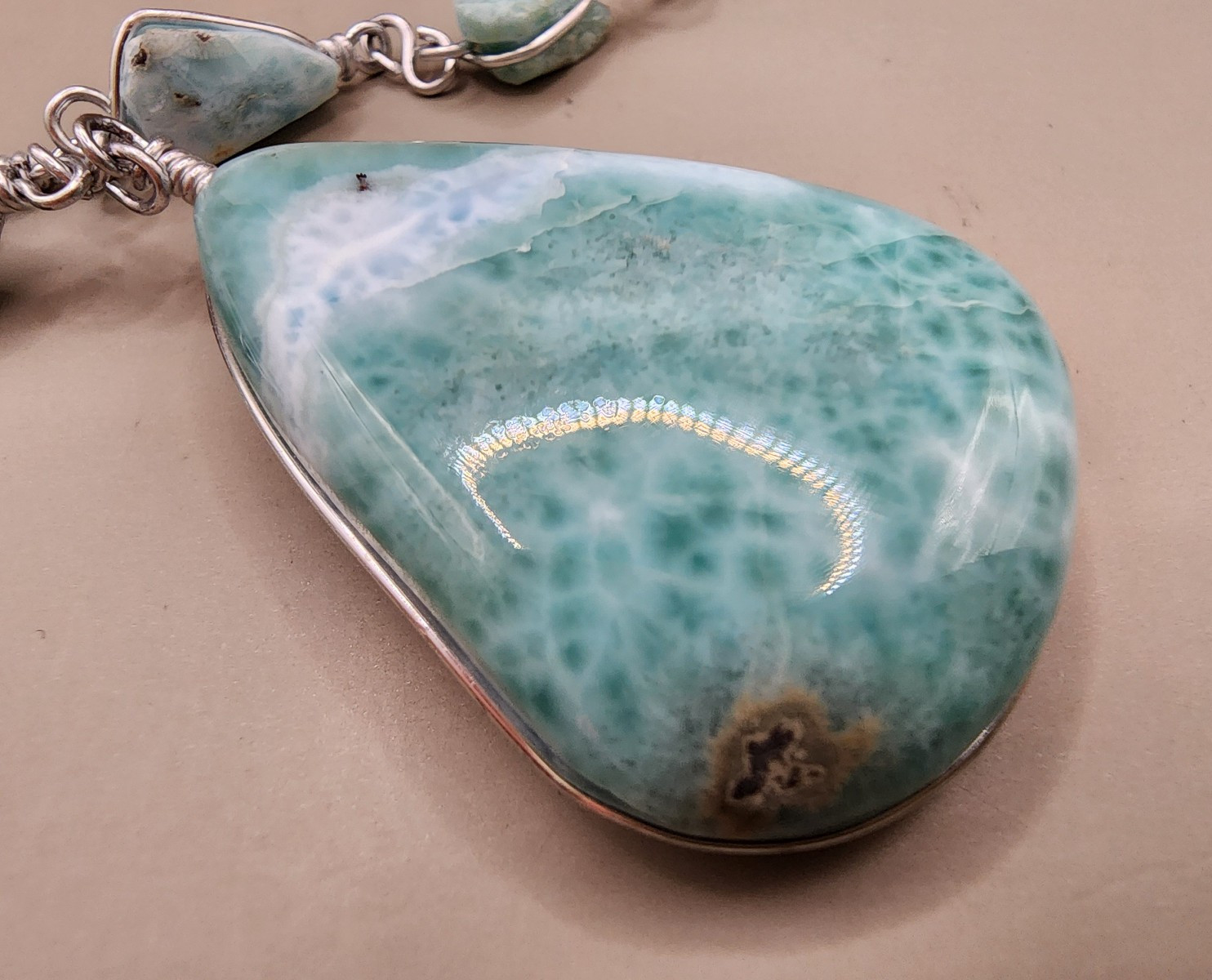 Massive Natural Larimar Teardrop Pendant Necklace Wire Wrapped Freeform Links