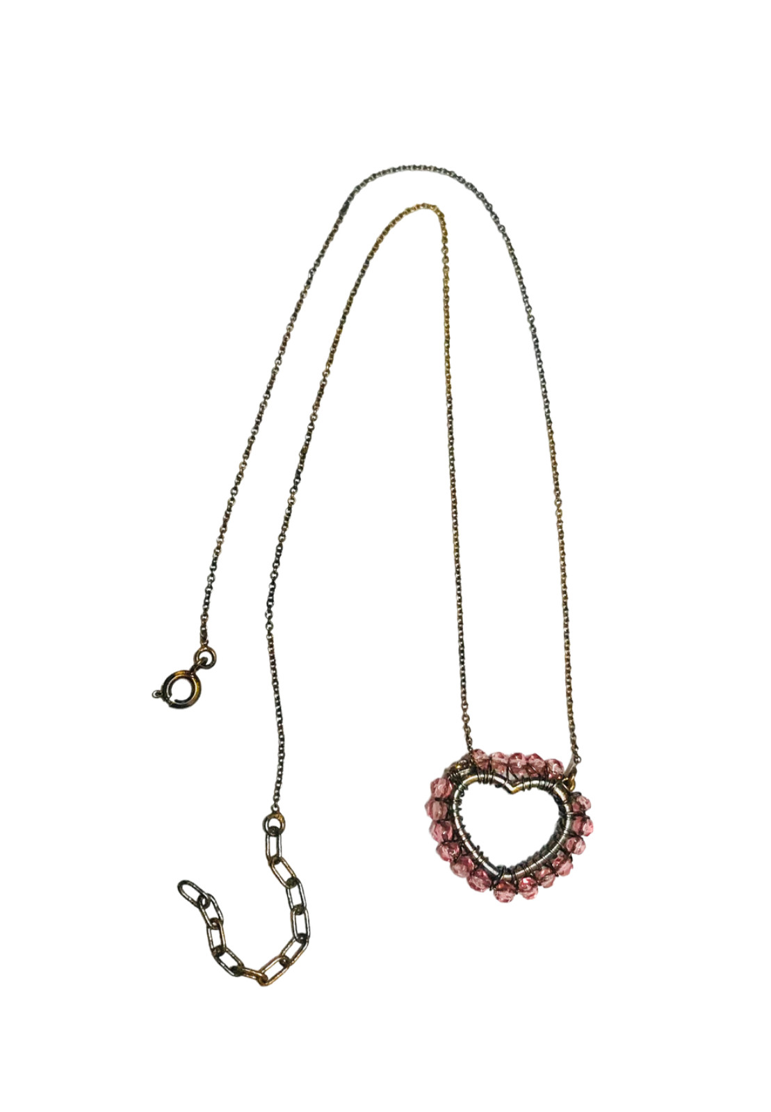 Vintage Antique Gold Tone Wire Wrapped Pink Beads Heart Pendant Necklace 19.5”