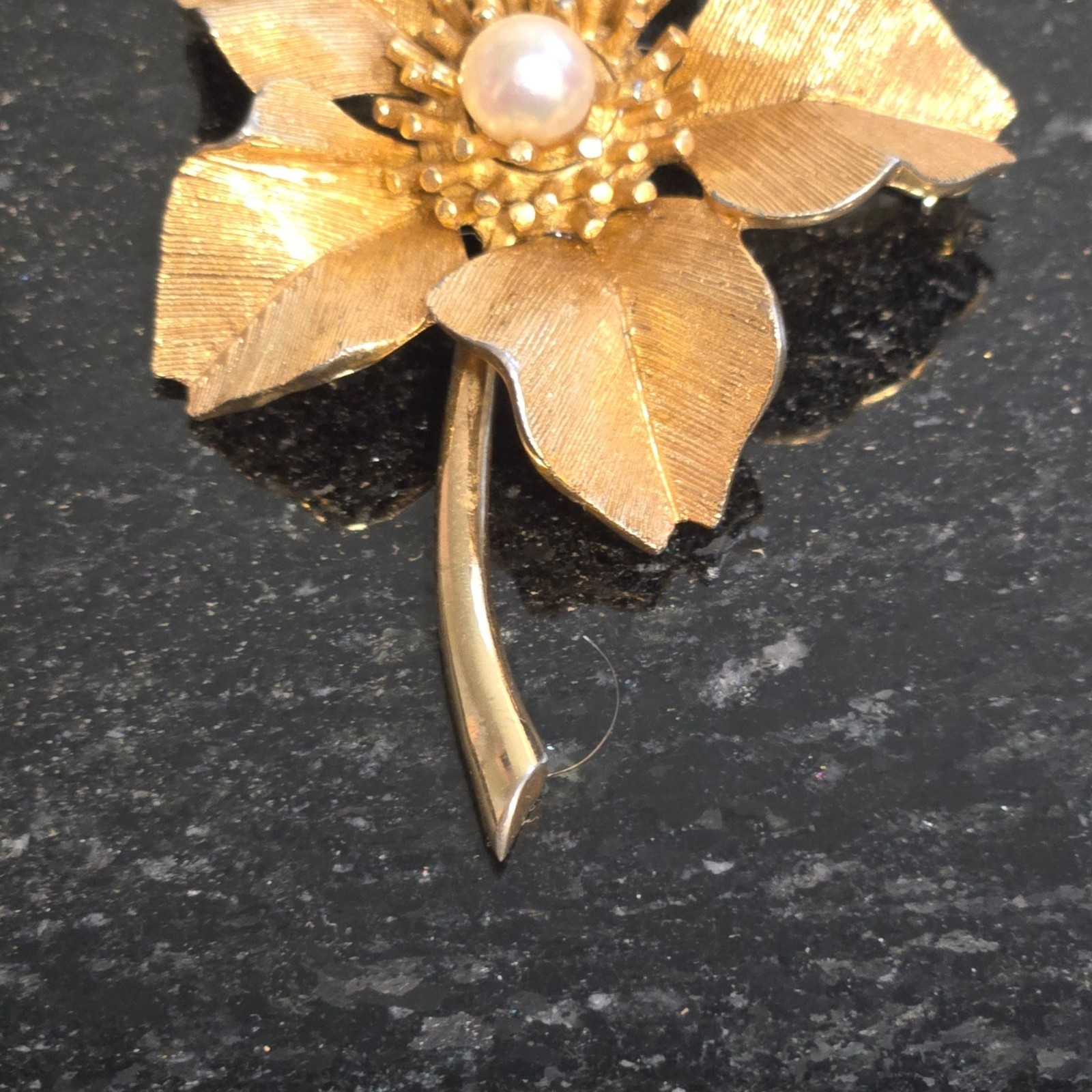 Vintage MARCEL BOUCHER Brooch with Pearl Gold Tone Flower 1960s Jewelry signed