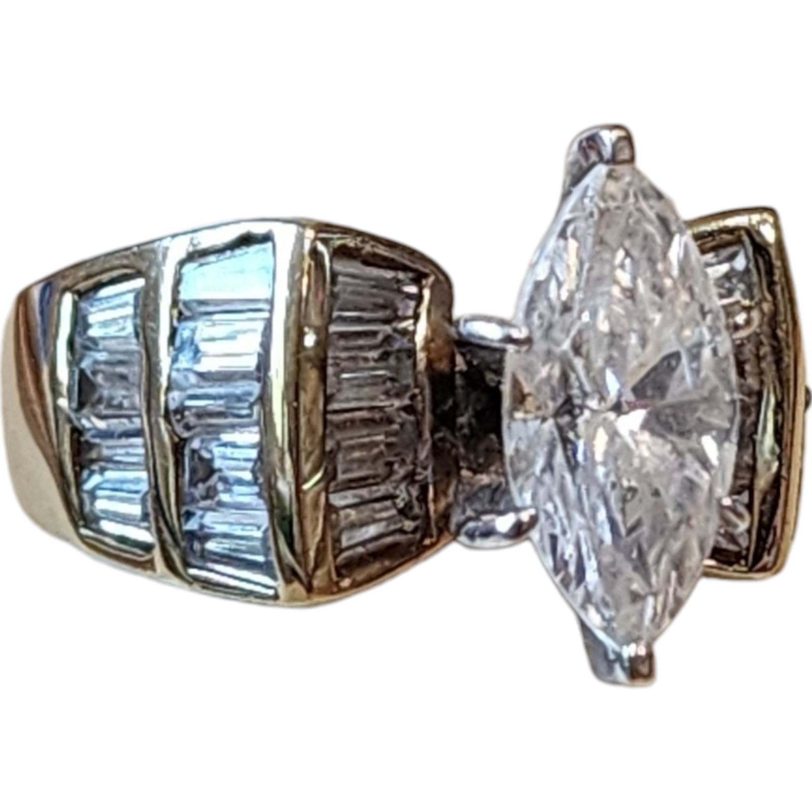 Sterling Silver Gold Vermeil Cubic Zirconia Marquise Cut Cocktail Ring Size 7.75