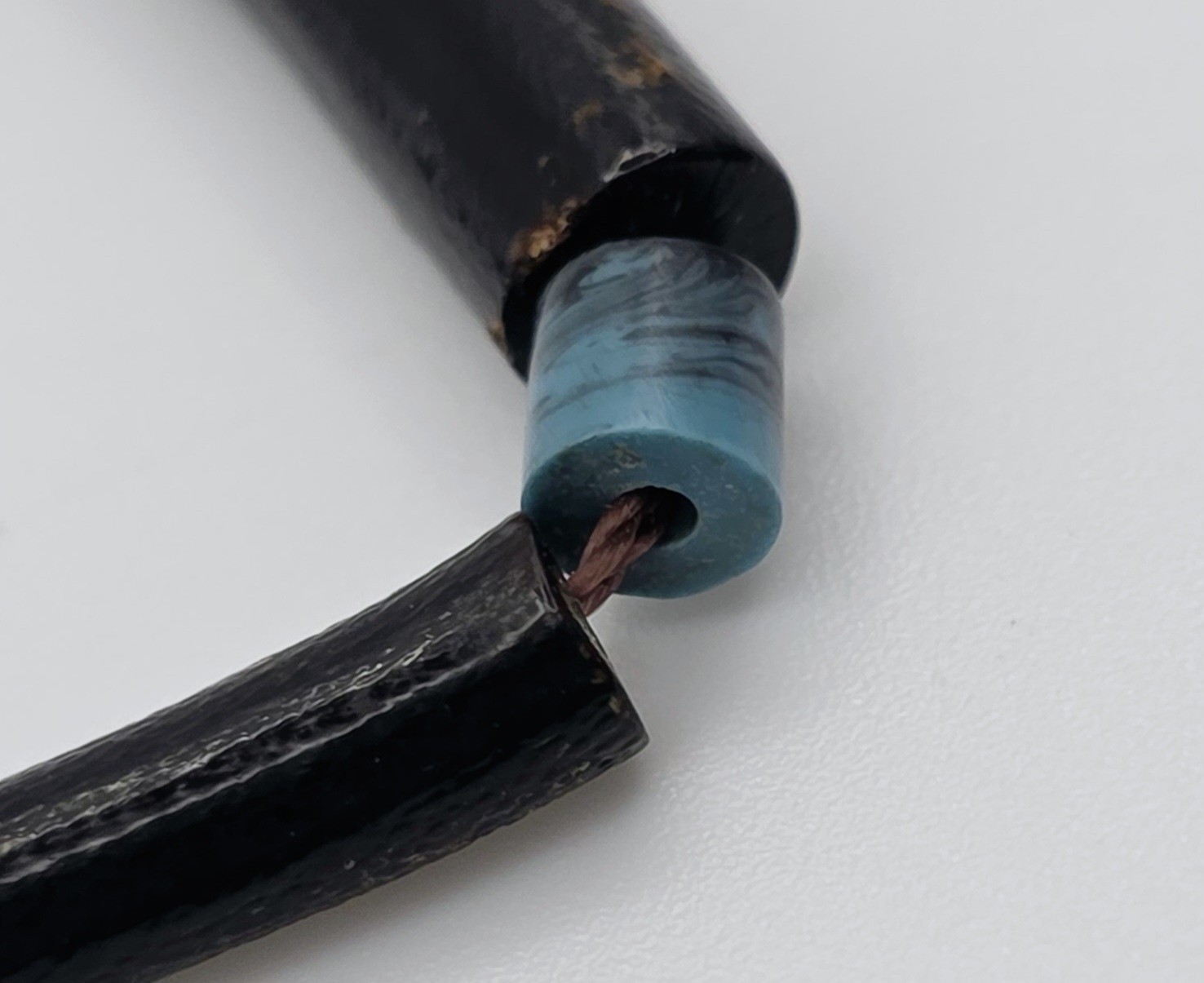 Vintage Black Coral Tube Bead Necklace 17.5″ Blue Glass Spacers Brass Clasp