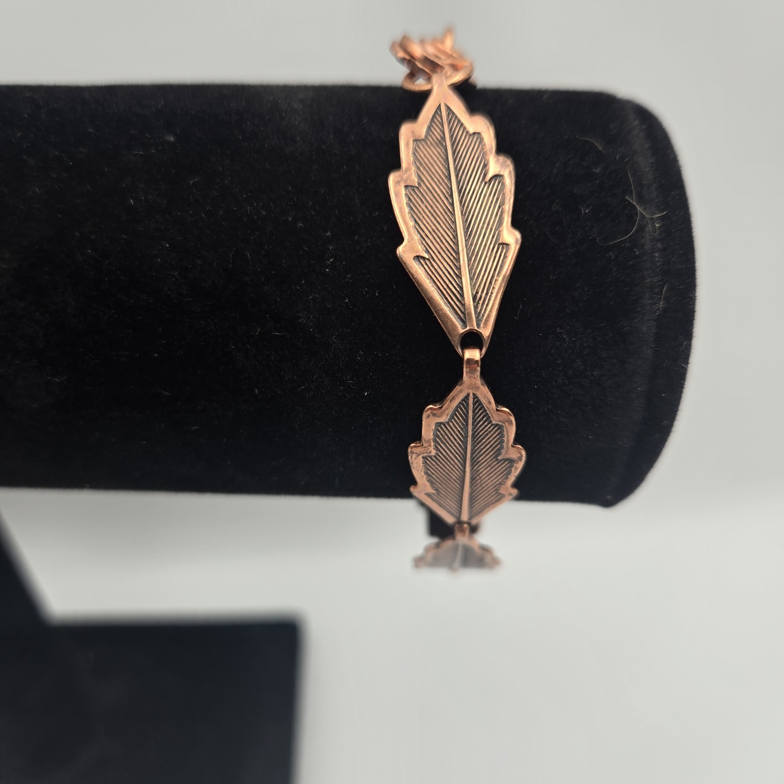 Vintage Copper Bracelet Etched Leaf Link Sister Hook Mid Century Modern MCM 8”