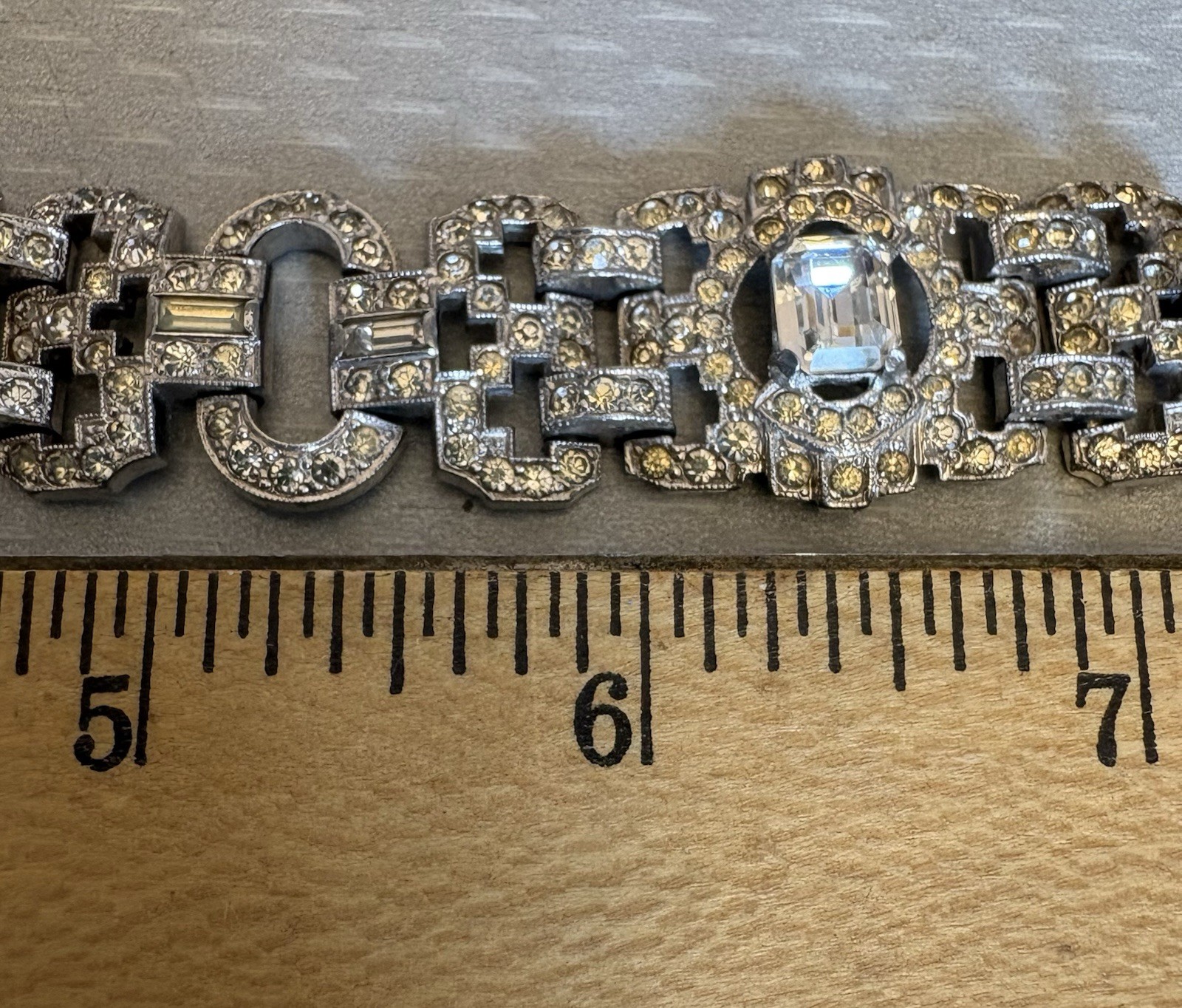 30s Art Deco Rhinestone Bracelet Baguettes Emerald Cut Crystal Pot Metal 7″