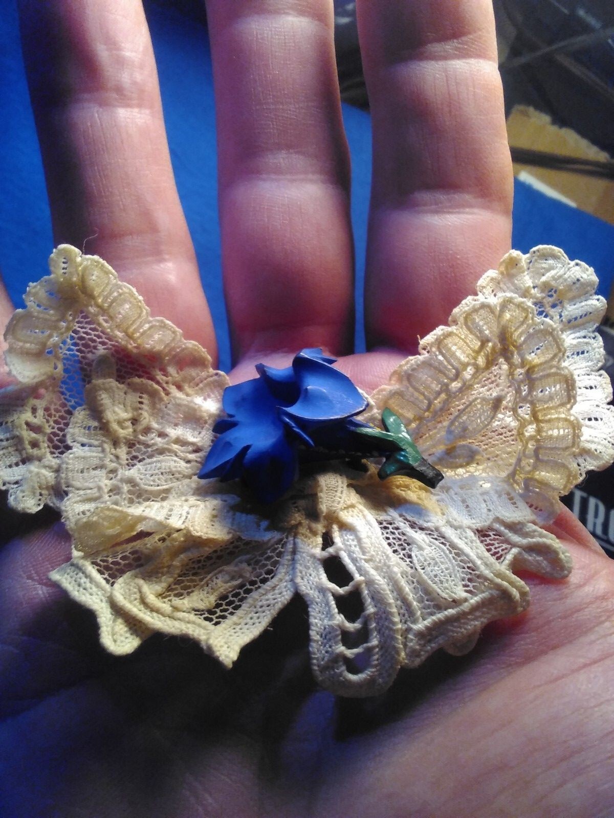 Vintage Violet Blue Floral Brooch Pin On Butterfly Shaped Delicate White Lace