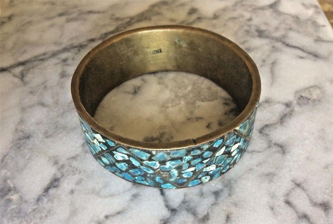 Vintage Brass Bracelet Made India Mosaic Polished Leather British Auction