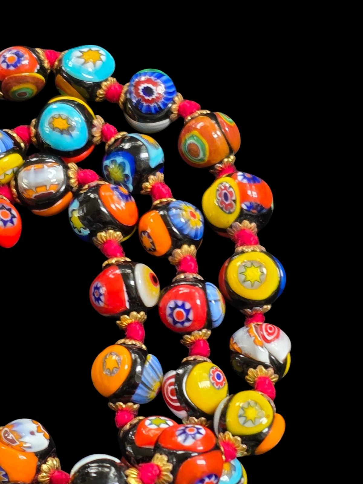 Vintage Multi Color Murano Millefiori Venetian Art Glass Round Beads Hand Knot