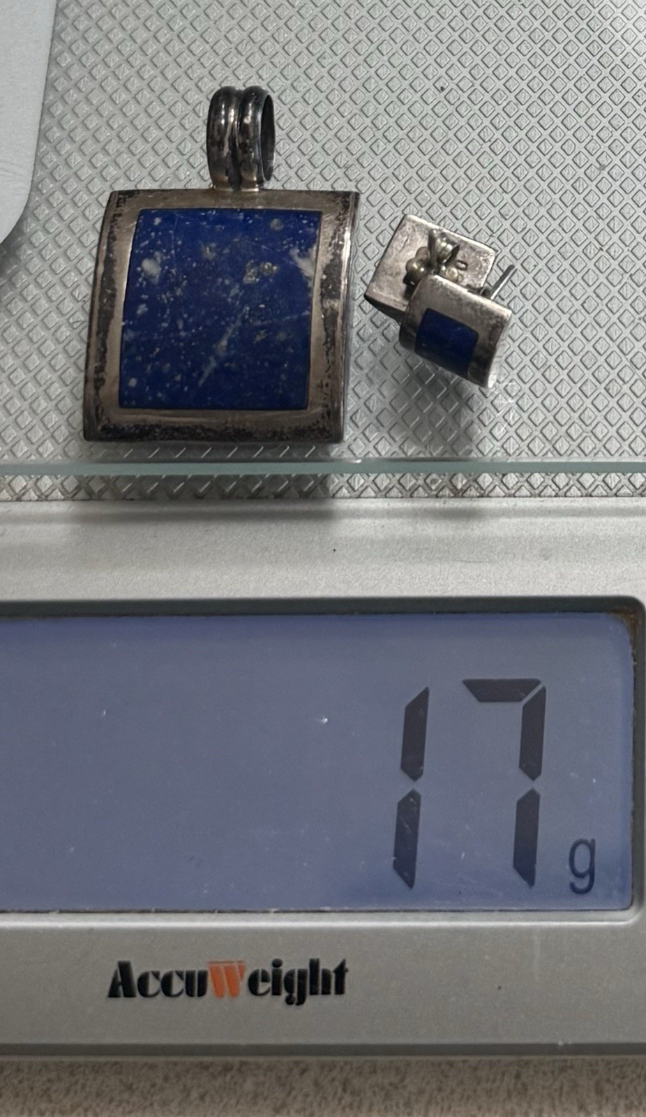 Vintage CHILE 980 Silver Domed Square Lapis Lazuli Pendant Stud Earrings Set 17g