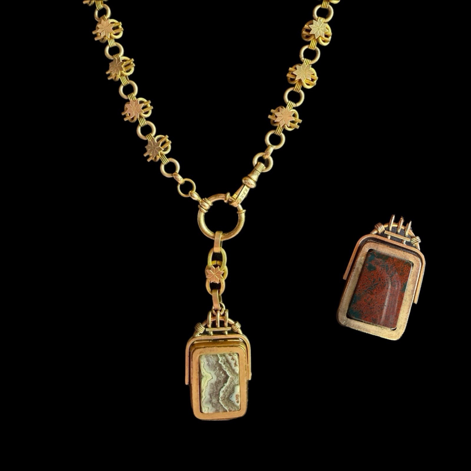 Victorian Lovely 59g Gold Fill Book Link Necklace GF Agate Bloodstone Locket Fob