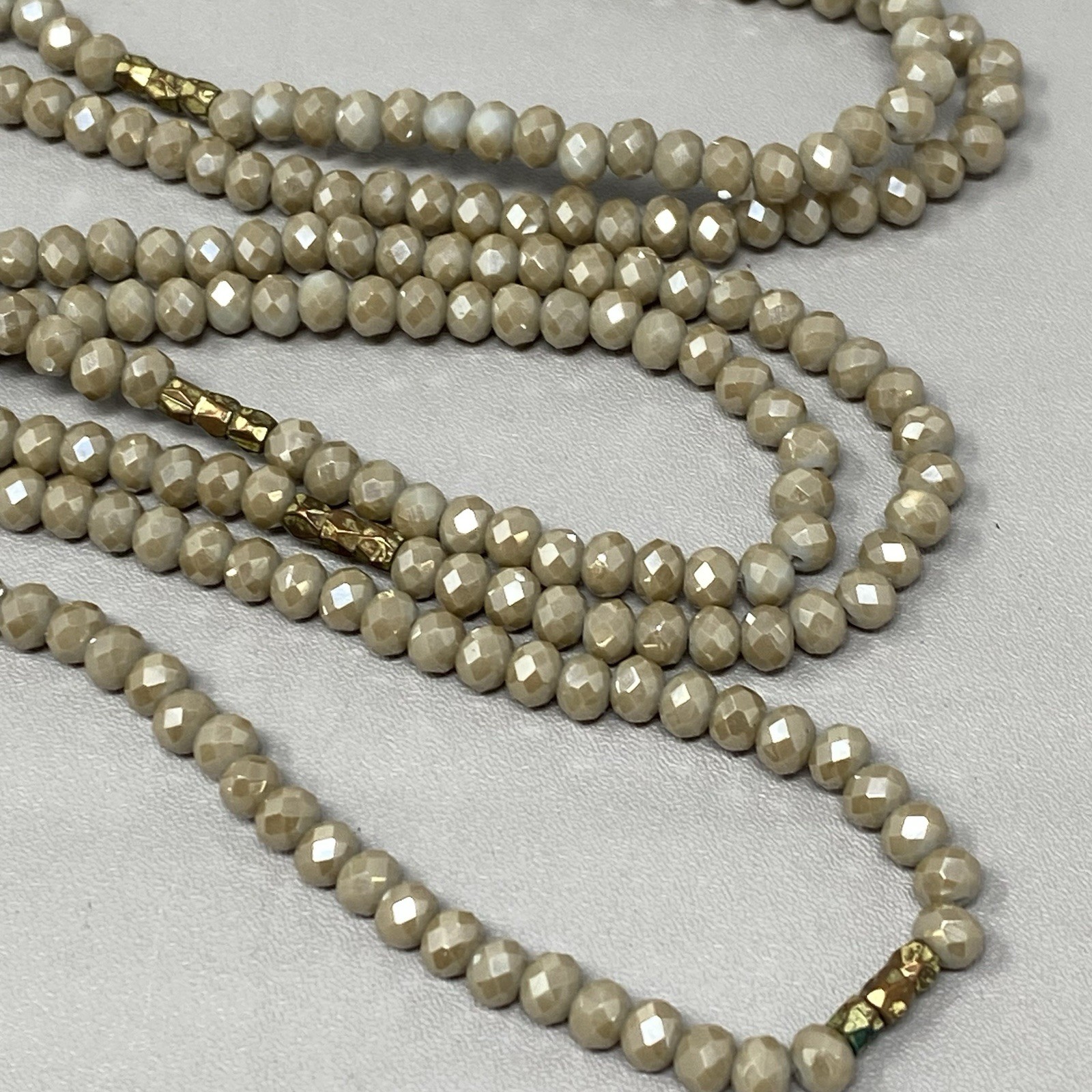 Cream Fire Polished Glass Bead Necklace Surface Coated Long Tan Faceted 60″