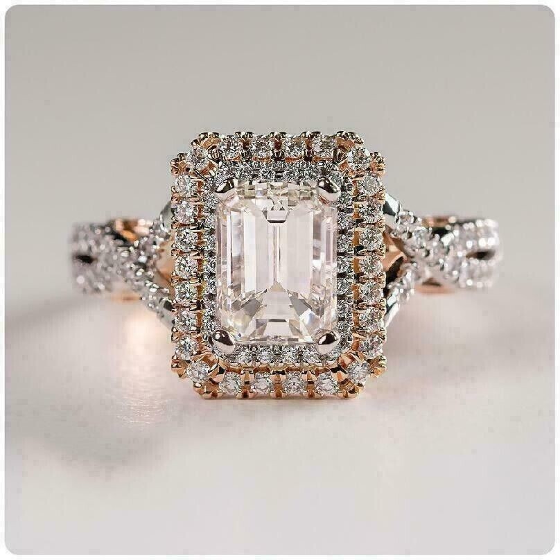 Art Deco 2Ct Emerald Cut Simulated Diamond 925 Silver Engagement Bridal Ring