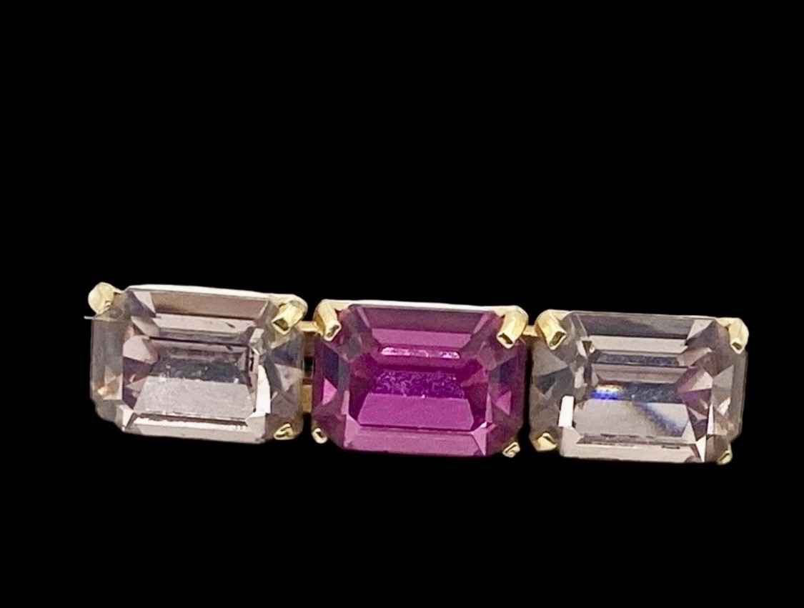 VTG Signed Zentall Gold-Tone Bar Brooch Magenta & Lilac Emerald Cut Glass~1980s