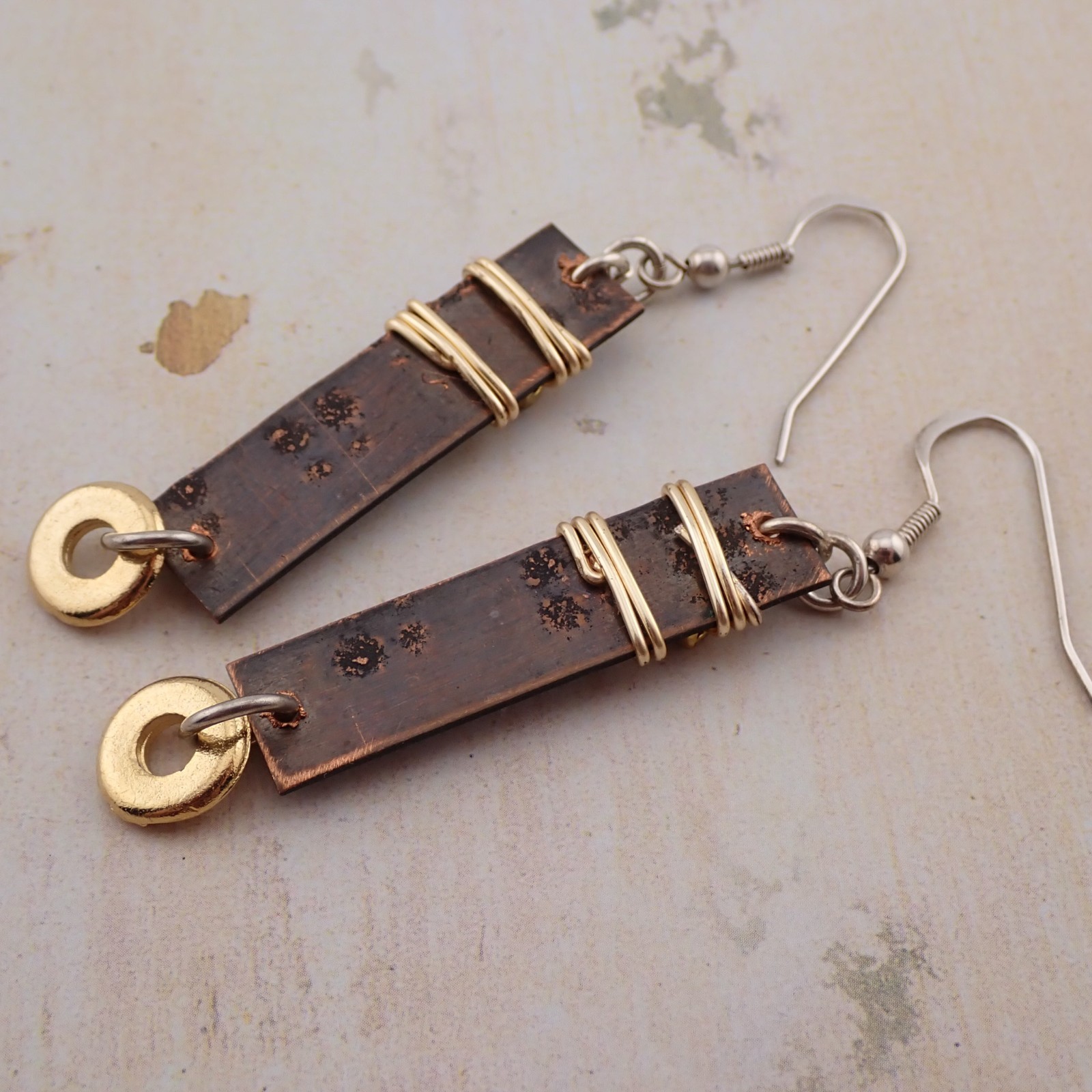 Vintage Artisan Modern Sterling Silver Wires Mixed Metal Dangle Pierced Earrings