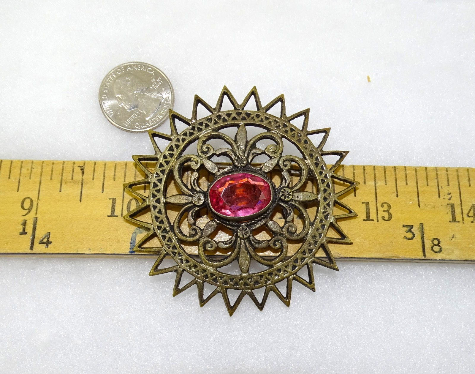 Antique Large Round Brass Sunburst Brooch, Oval Pink Stone, C-clasp