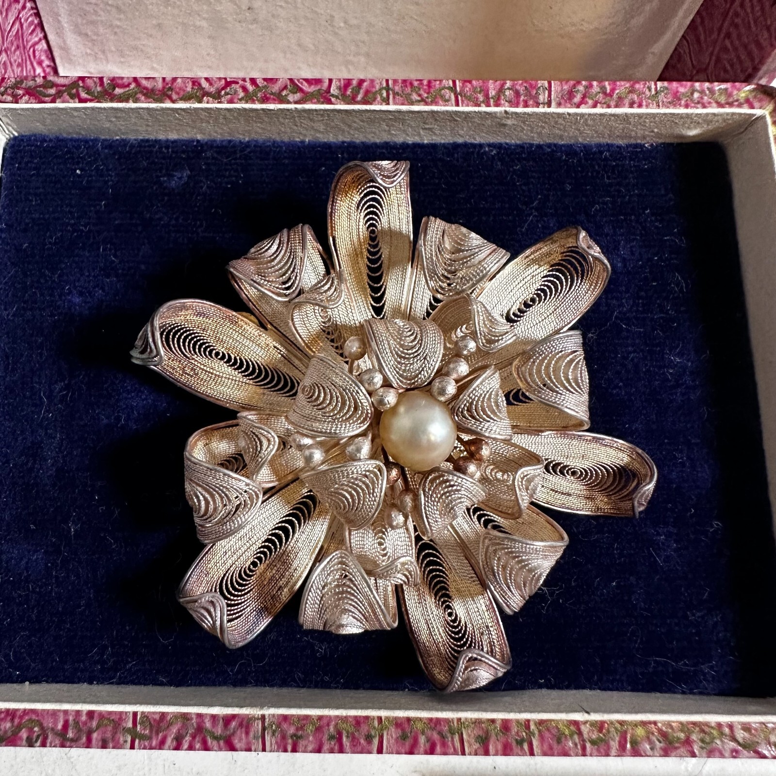 Vintage Golden Metal Sterling Filigree Gorgeous French Orena Paris Flower Brooch