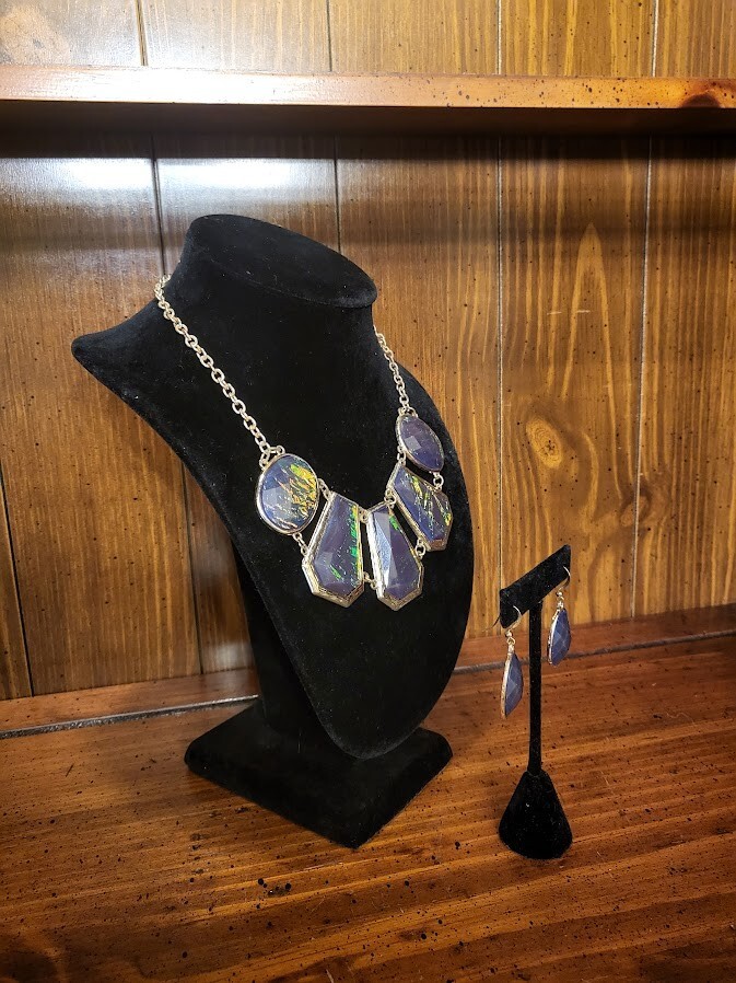 Green Tone Iridescent Enamel Necklace & Earrings Set-Preowned