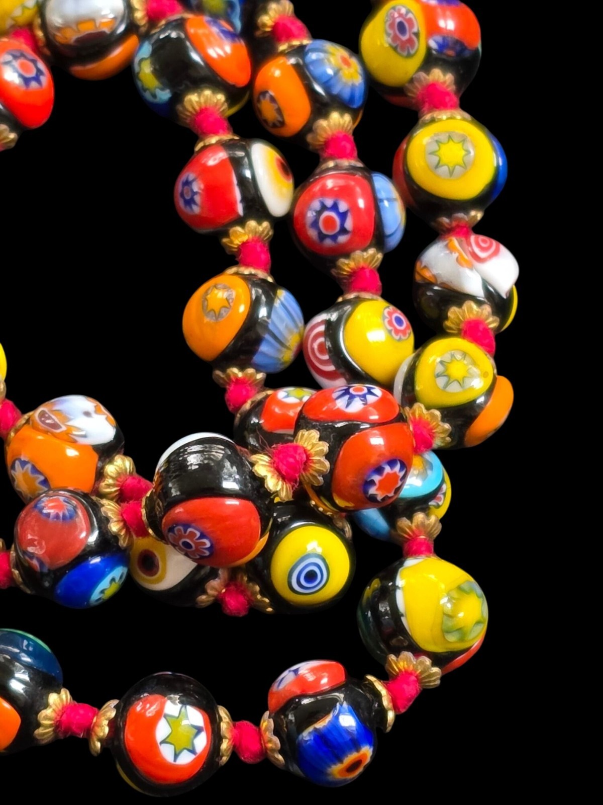 Vintage Multi Color Murano Millefiori Venetian Art Glass Round Beads Hand Knot