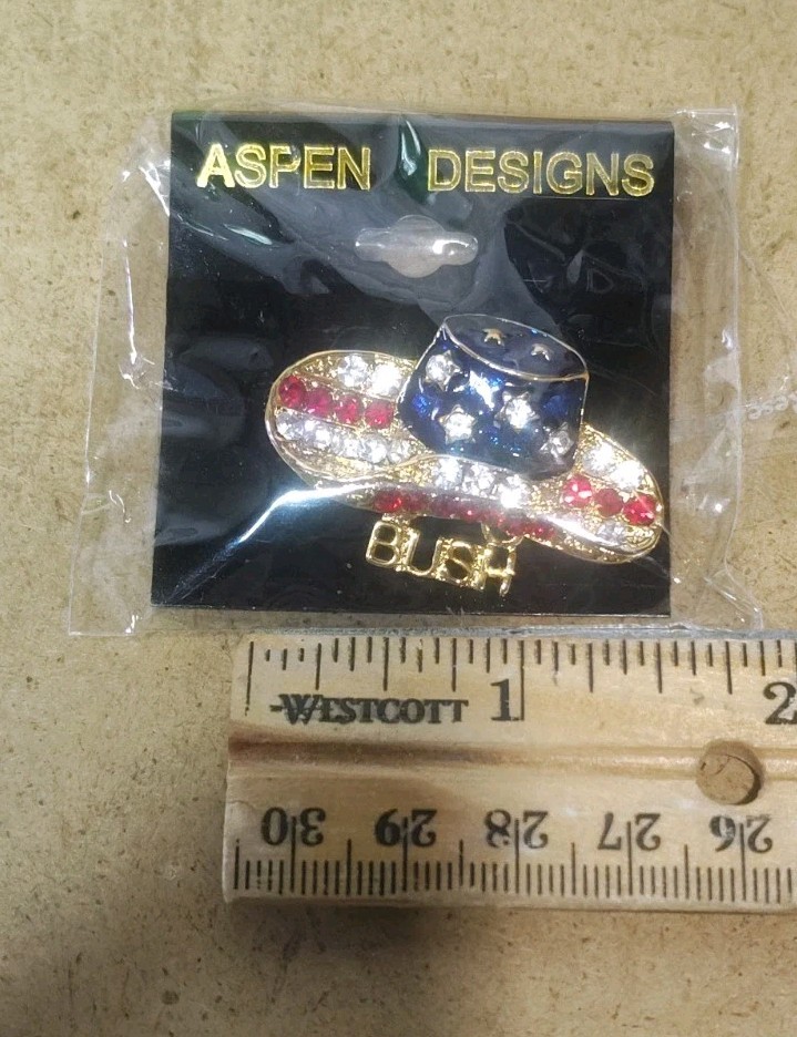 Vintage Patriotic Bush GOP Rhinestone Pin Red White Blue Gold Tone Cowboy Hat