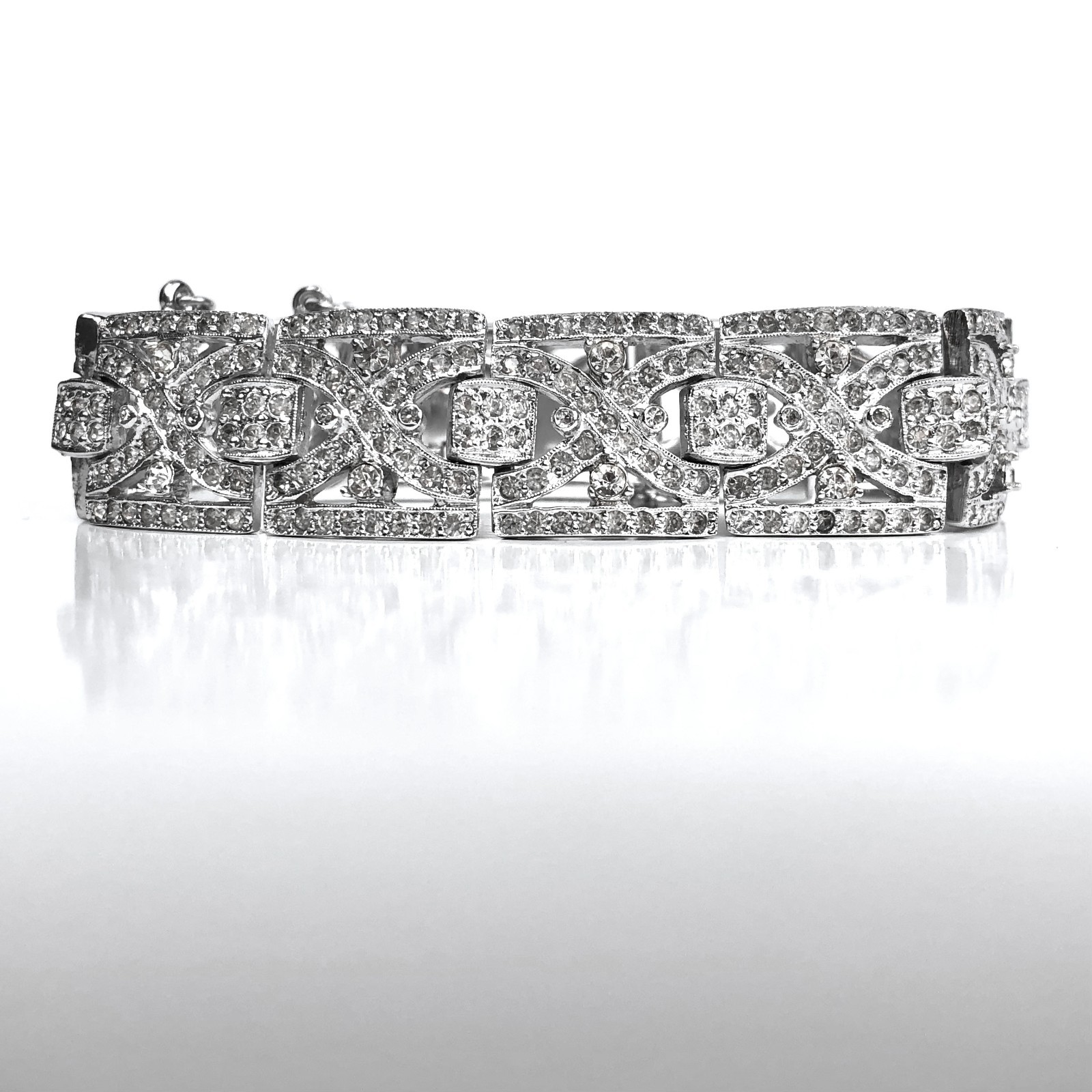 Vintage Art Deco Rhinestone Bracelet Geometric Panels Safety Chain Clasp