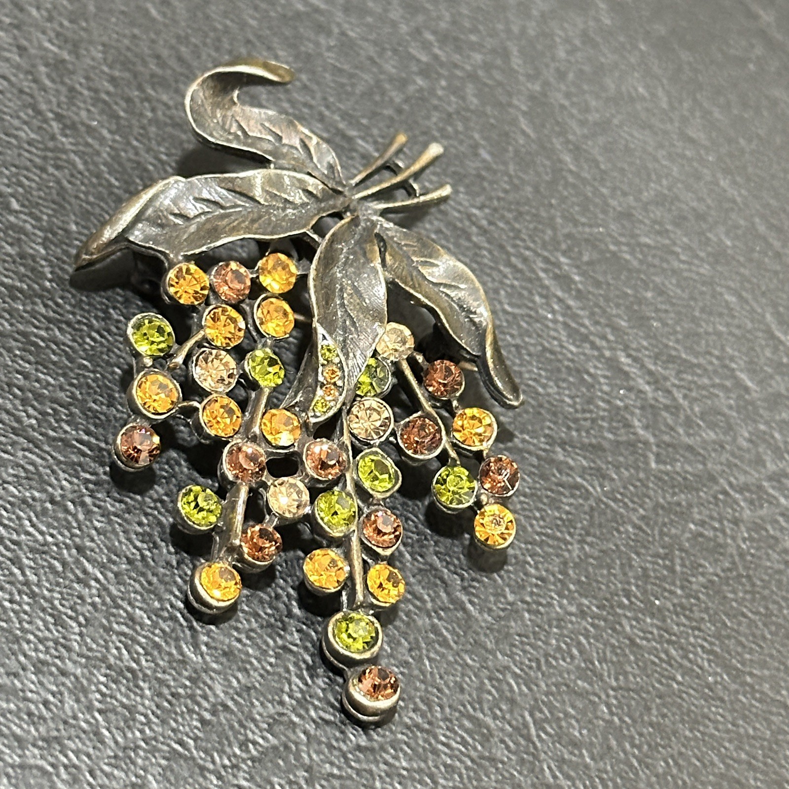 Vintage Rhinestone Leaf Spray Brooch Green Gold Brown Fall Colors Sparkle Autumn