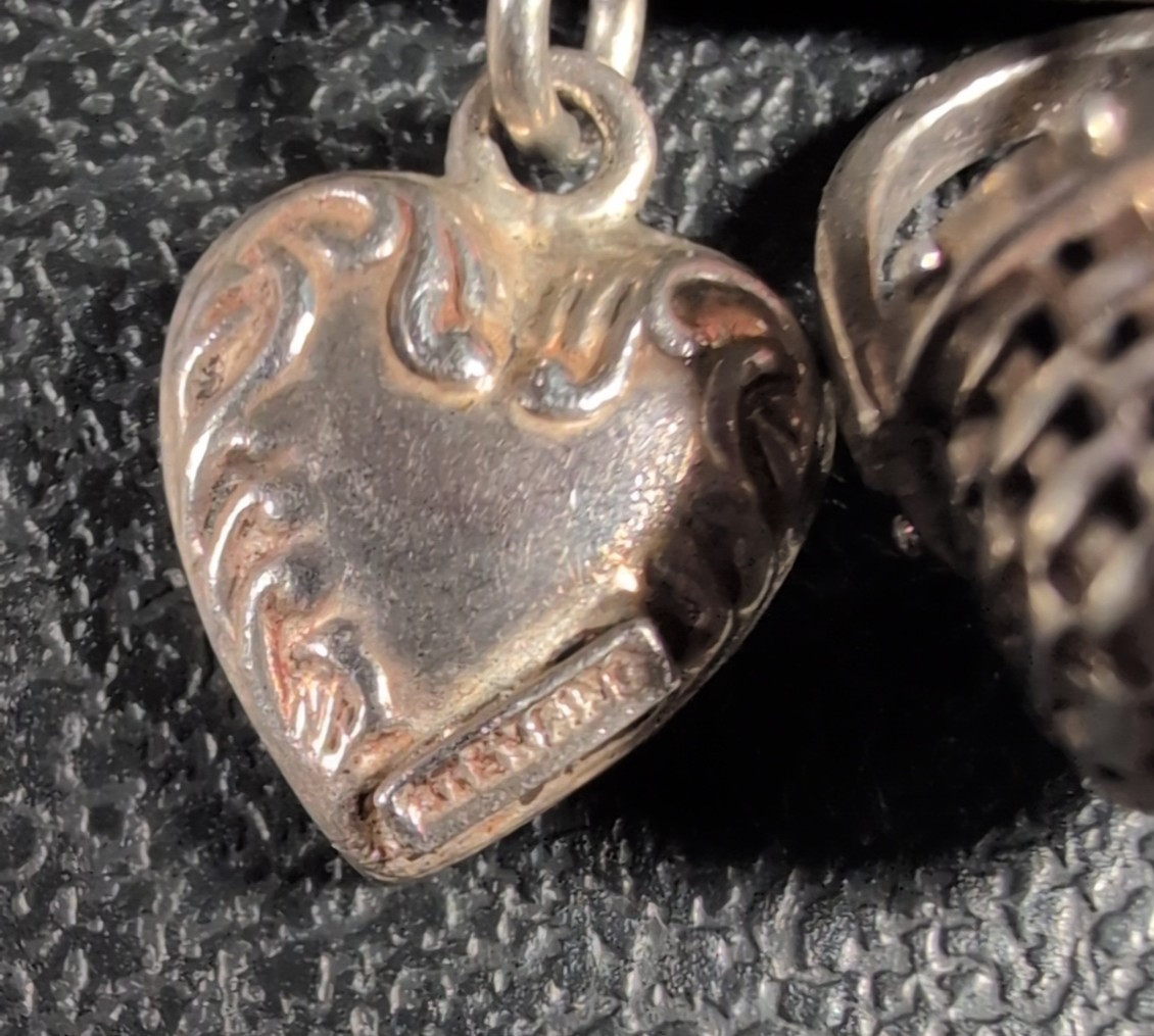 Bar Brooch Flowers &Scroll Design – Hearts and Basket Dangles – Sterling – Vtg
