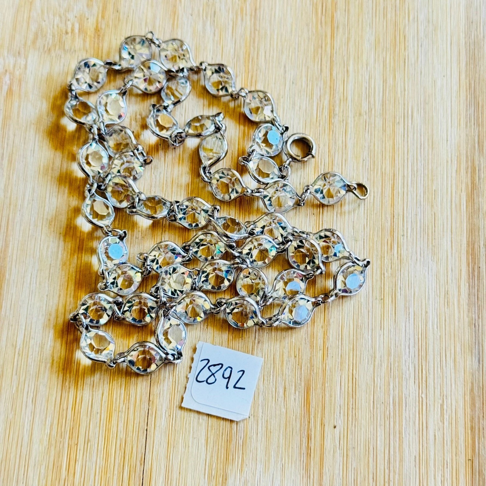 VTG Necklace Pointed Back Austrian Crystal Open Bezel Silver Tone Strand 30″