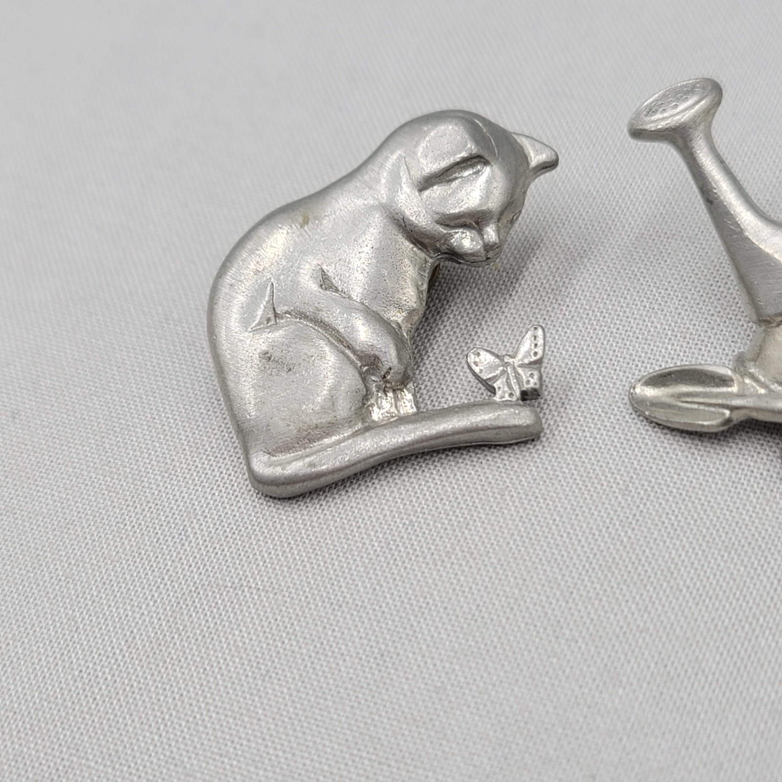 Vintage Pewter Brooch Kitty Cat Butterfly Gardening Silver tone Lot of 2 1.25″