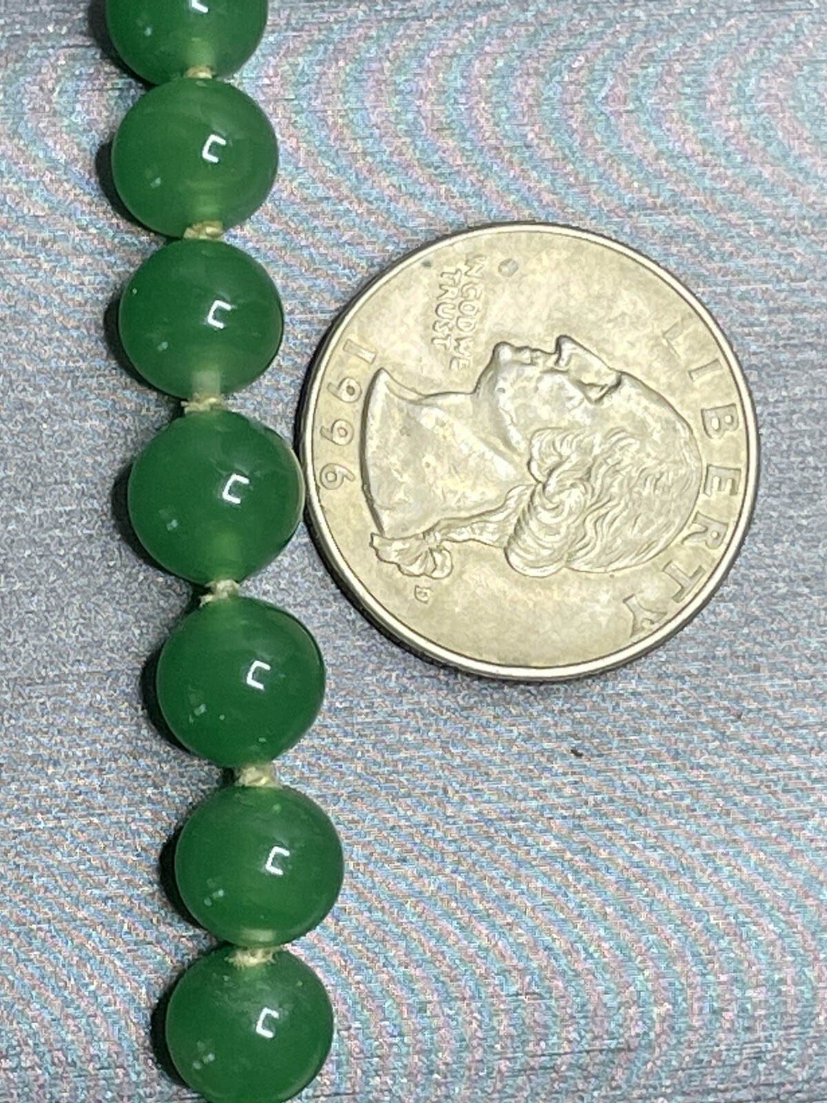 1930’s 8.4mm Hand Knotted Green Glass Beads 12k Gf Clasp Vintage 24” Gorgeous