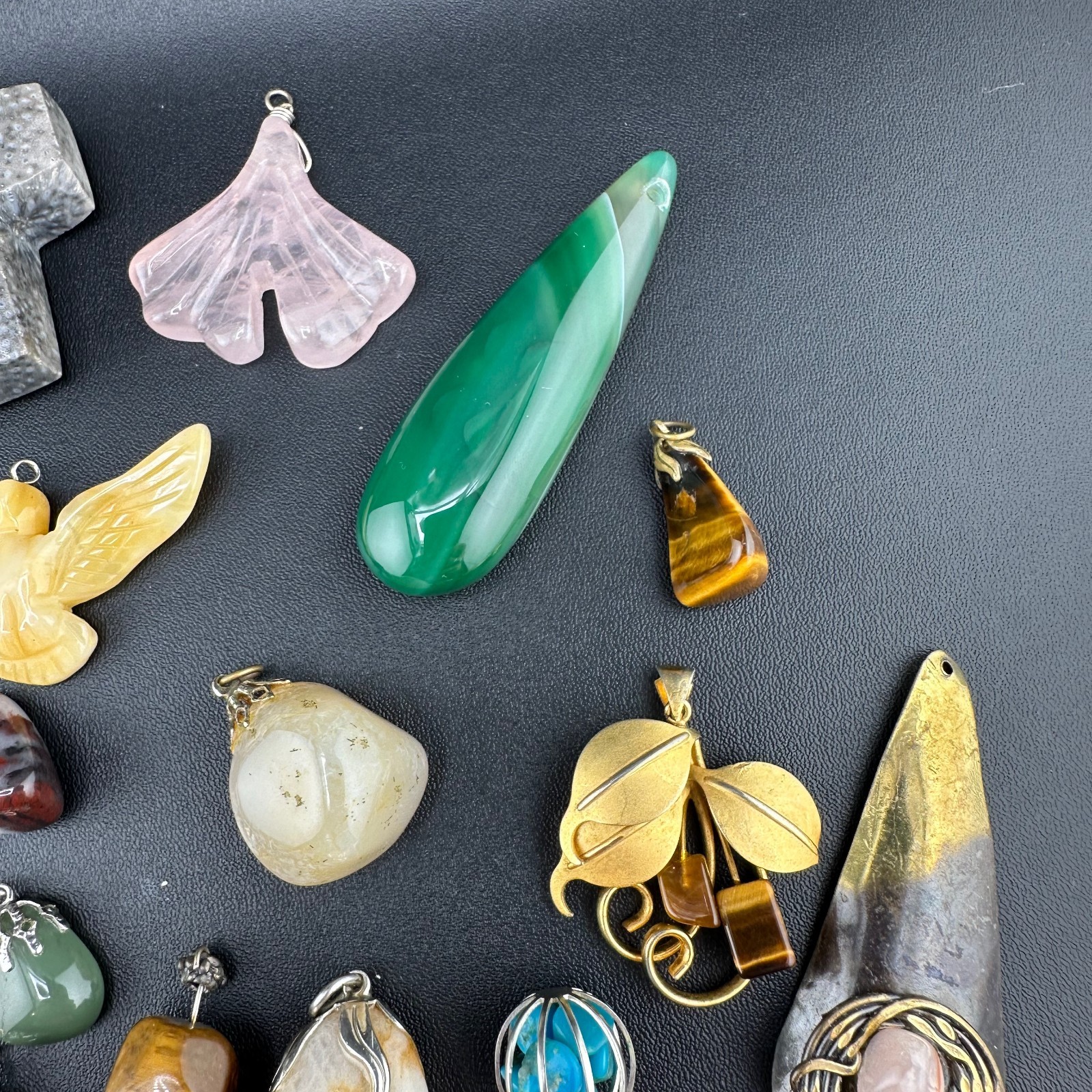 Vintage Gemstone Pendant Charm Lot Jade Quartz Agate Tigers Eye Jasper 25+