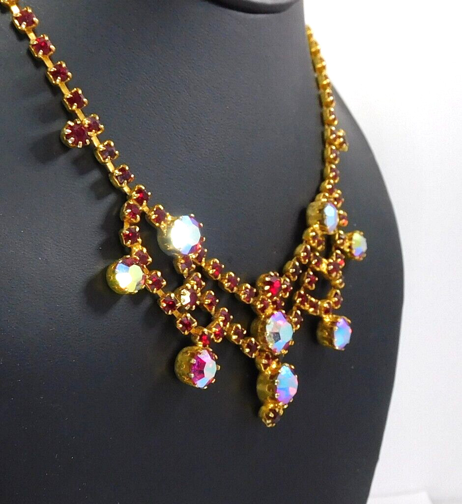Vintage Signed Austria Crystal AB Red Rhinestone Prong Set Bib Collar Necklace