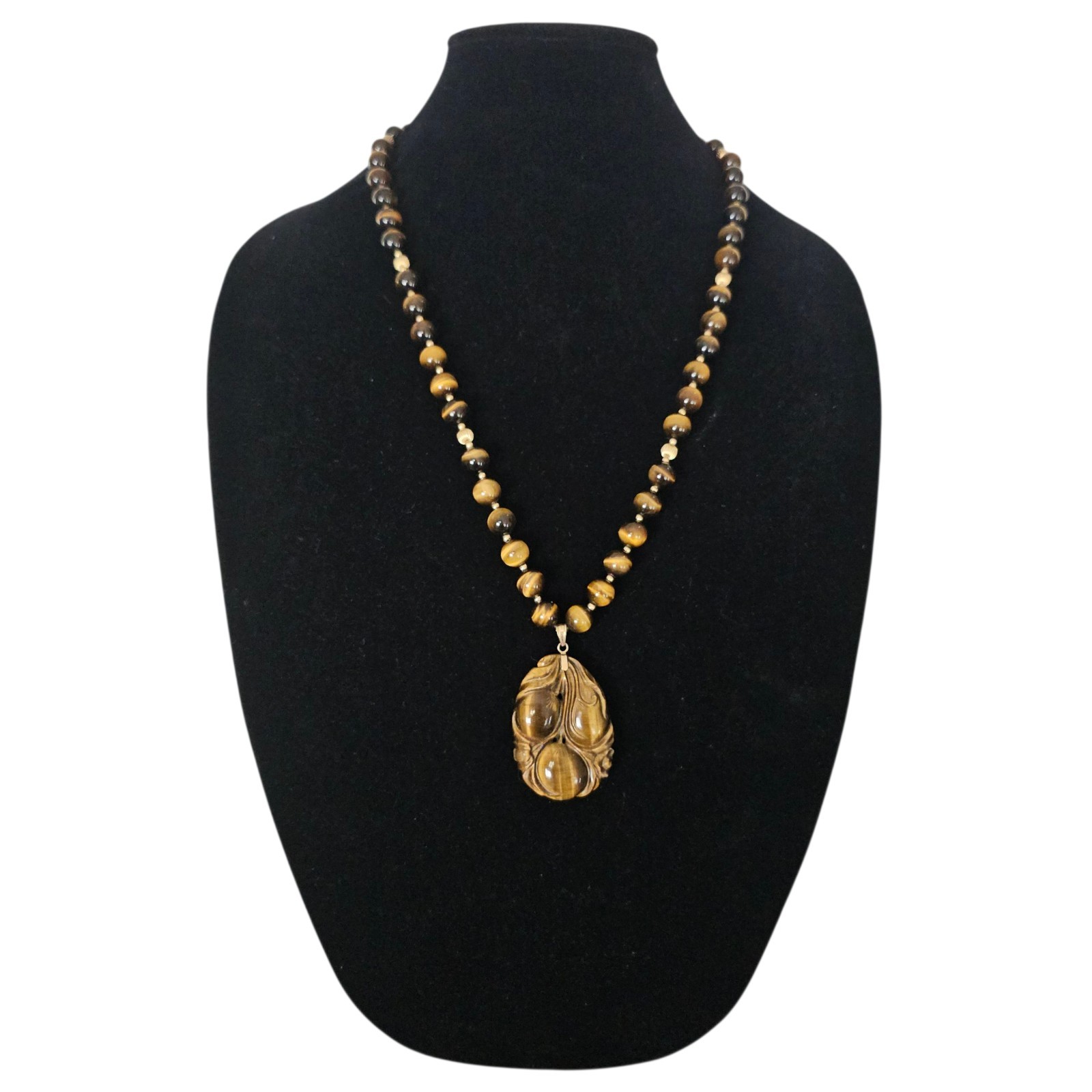 14k Gold Tigers Eye Carved Peach Floral 2″ Pendant 26″ NECKLACE 96 GR