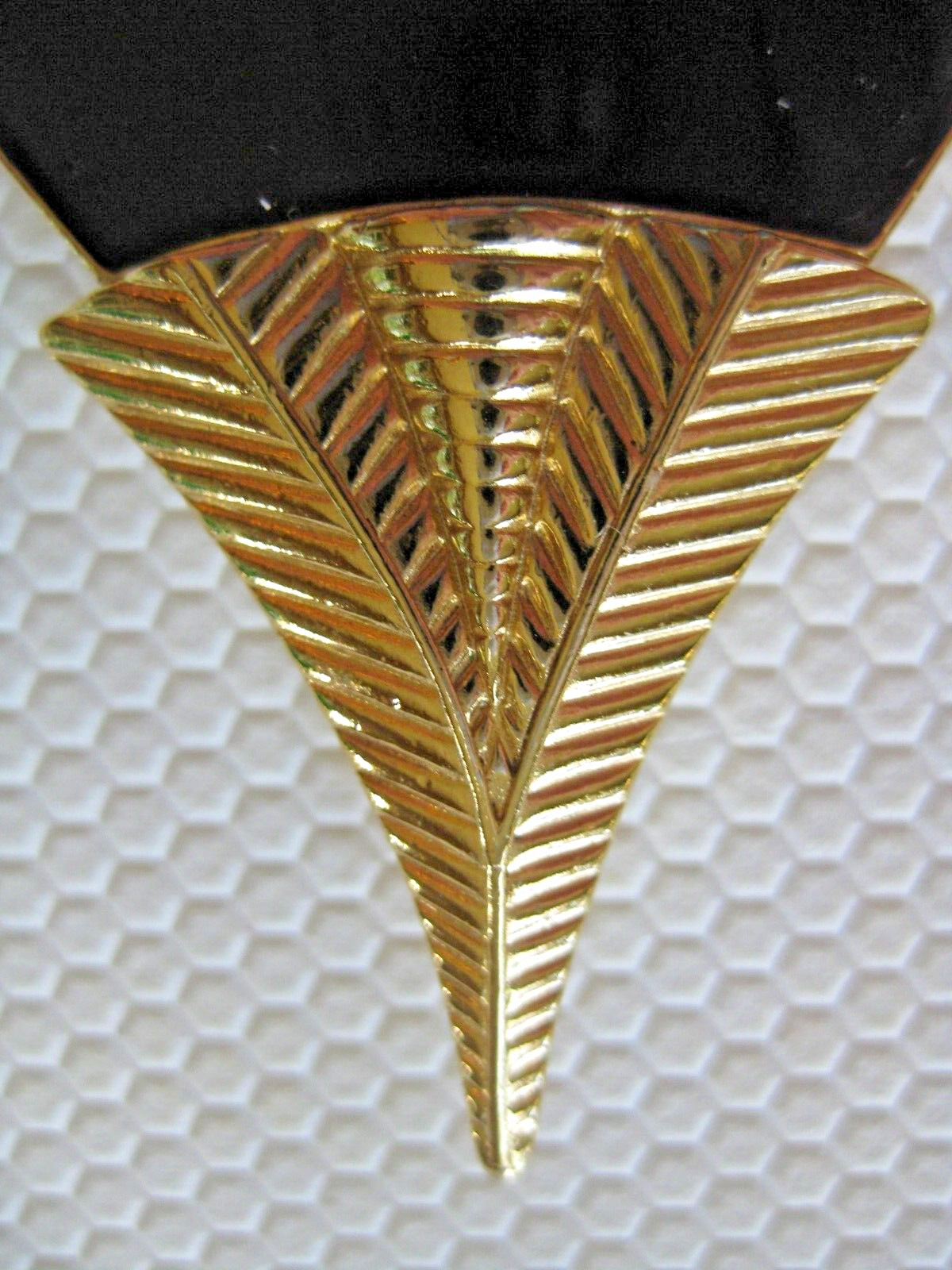 TRIFARI Art Deco Style Brooch Black Enamel Gold Plate Fan Shape Textured Metal