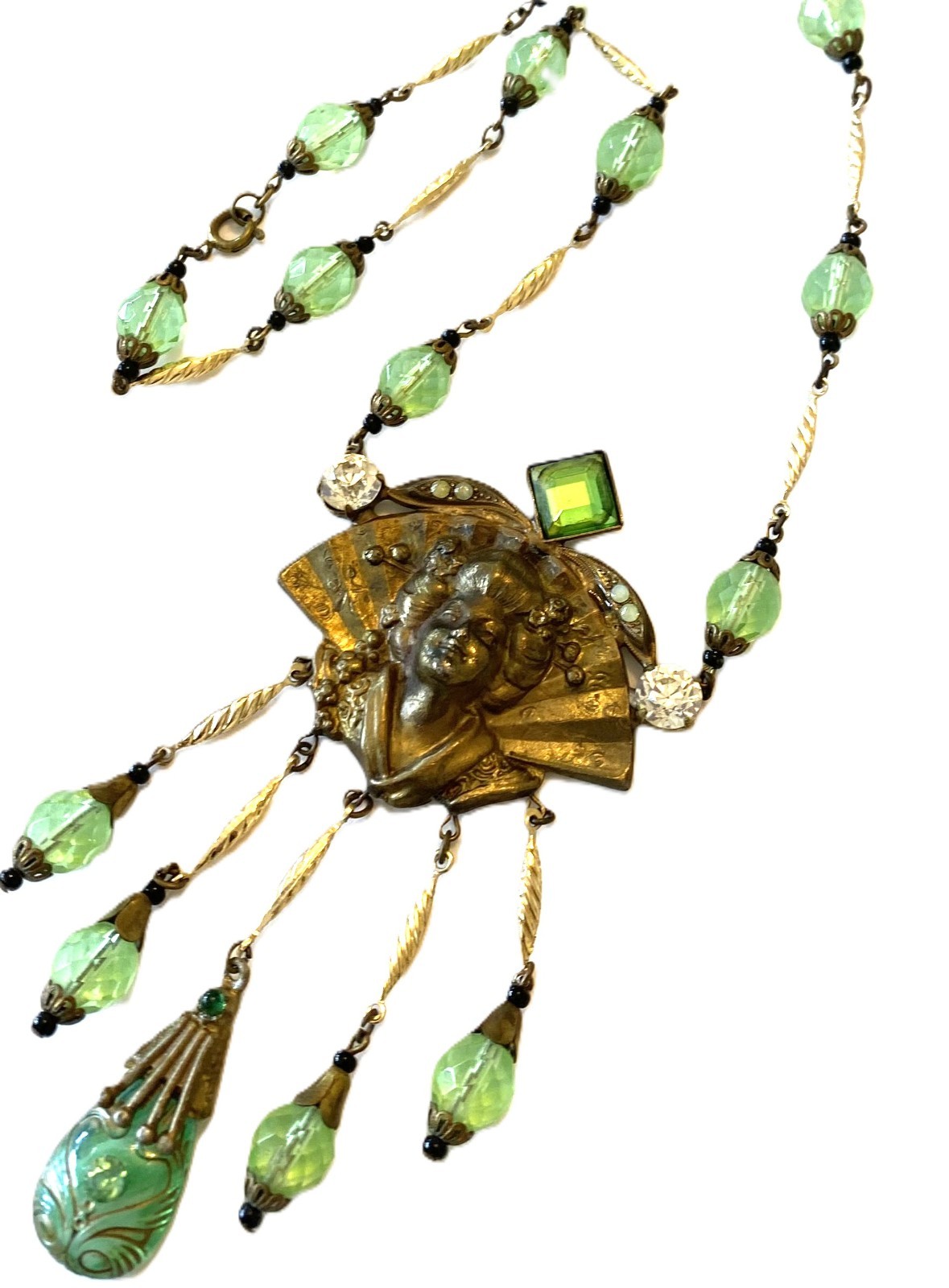 Vintage Art Deco Czech Glass Necklace- Geisha & Fan Motif, Green Glass Beads.