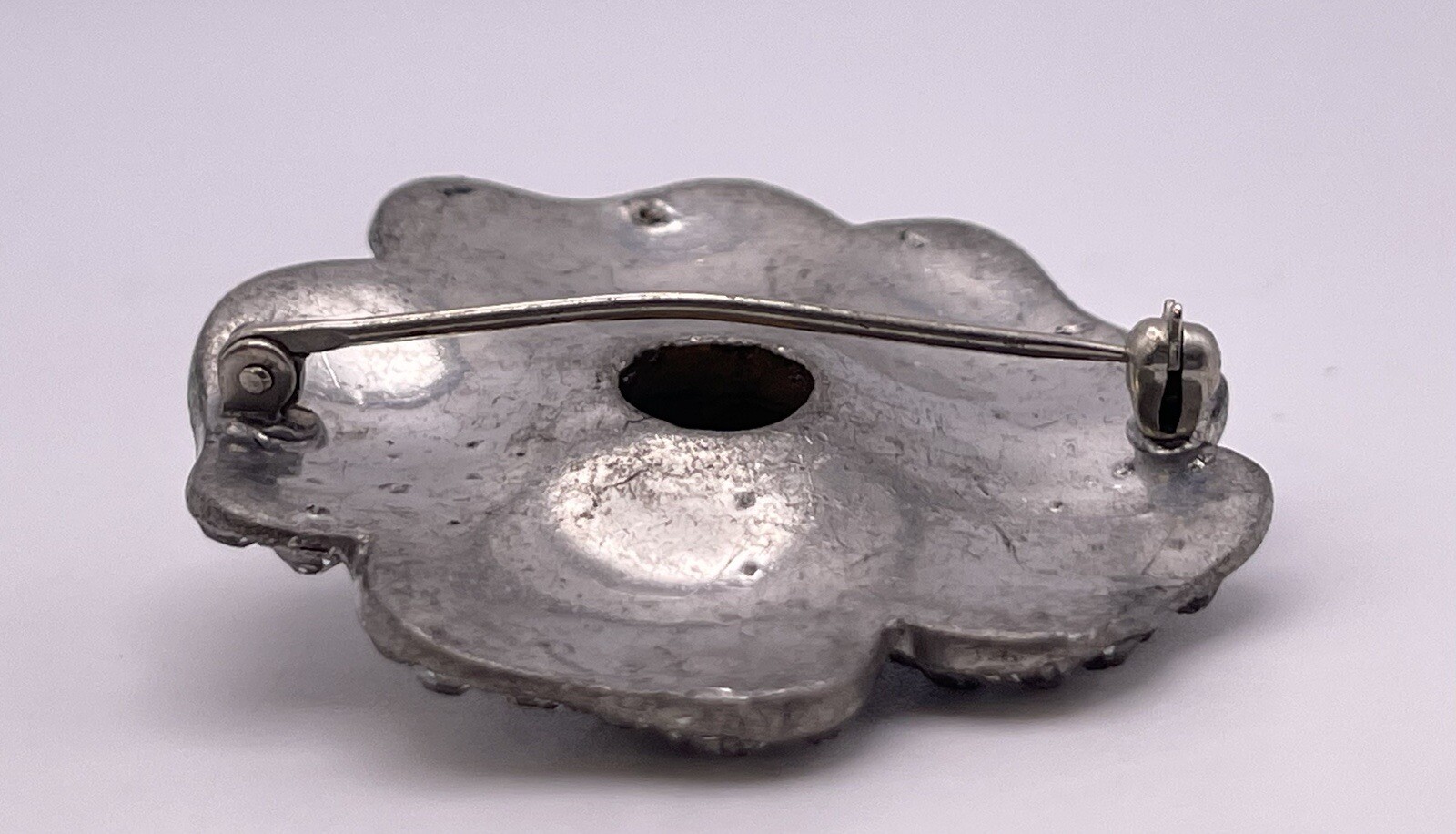 Vintage Pewter w Clear Rhinestones Flower Shaped Brooch Pin