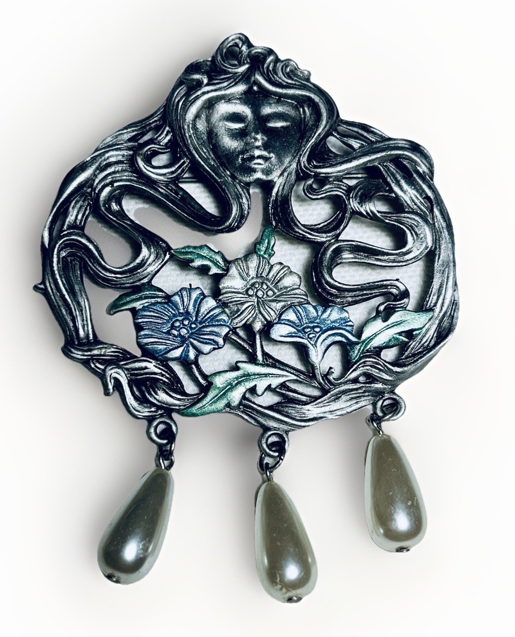Vintage Signed JJ Jonette Art Nouvea Style Jewelry Brooch Pewter Tone Woman