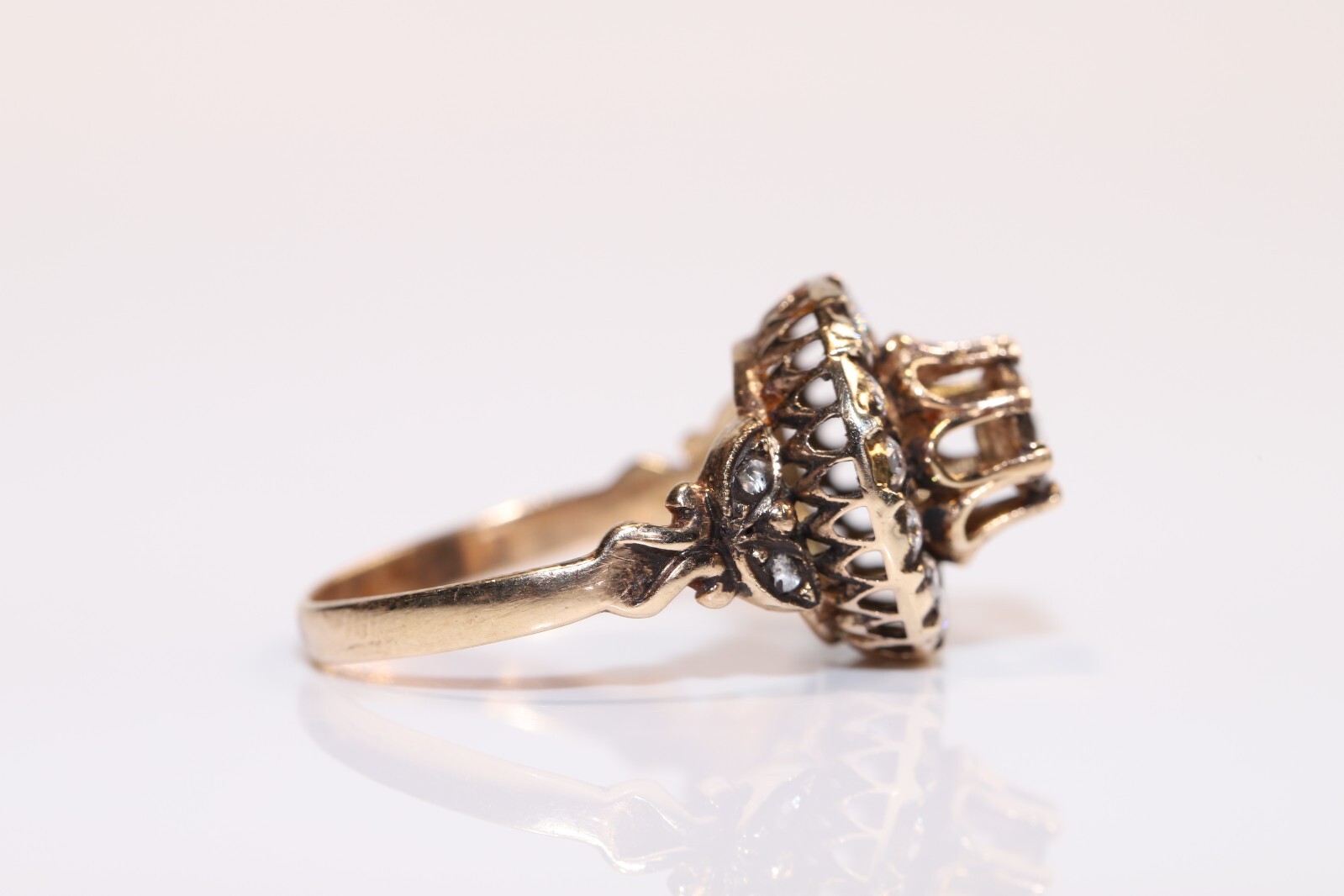 Vintage Circa 1980s 8k Gold Natural Rose Cut Diamond Decorated Ring