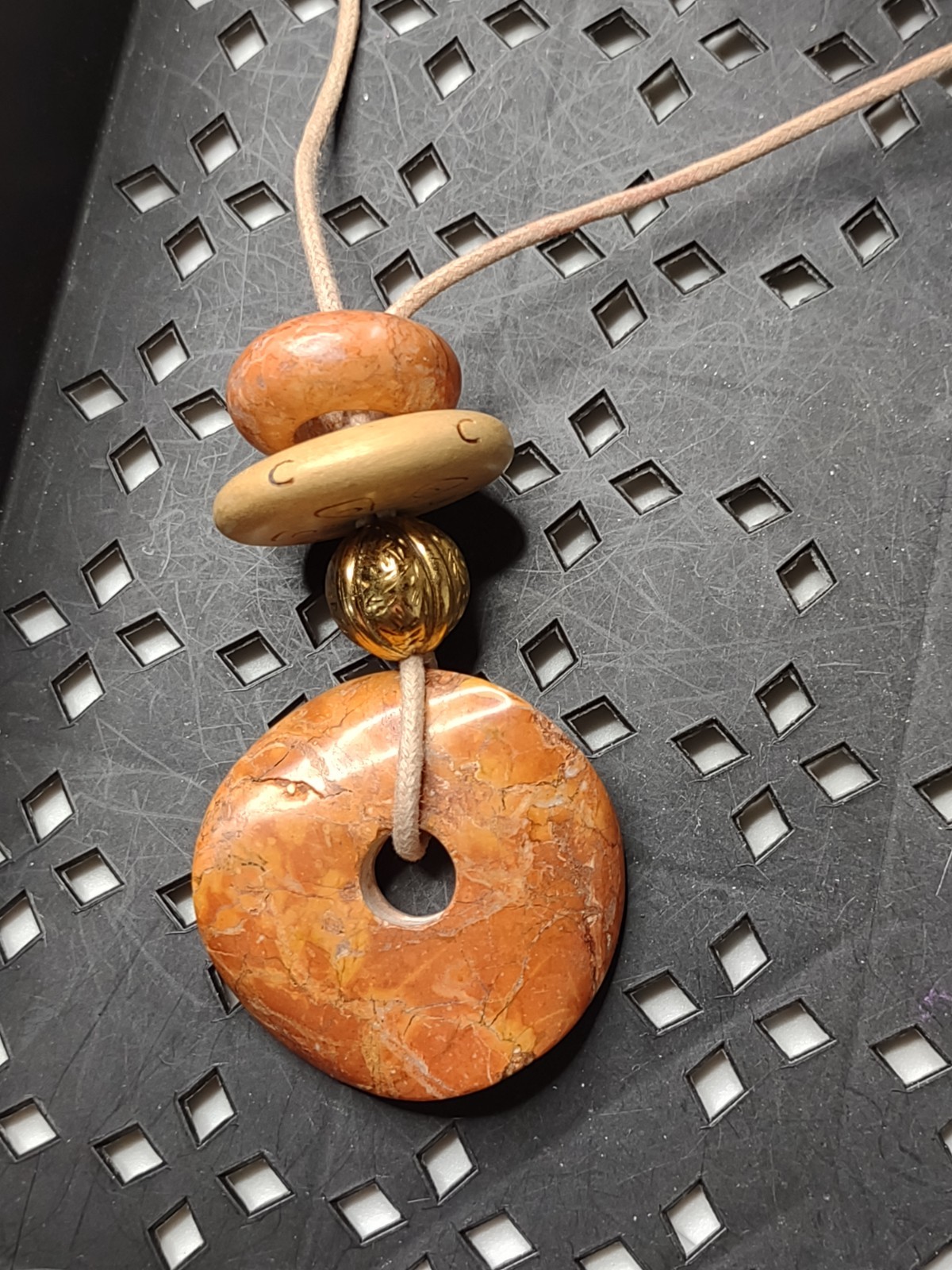 Heavy Vintage Donut Shaped Stone Bead Pendant Necklace