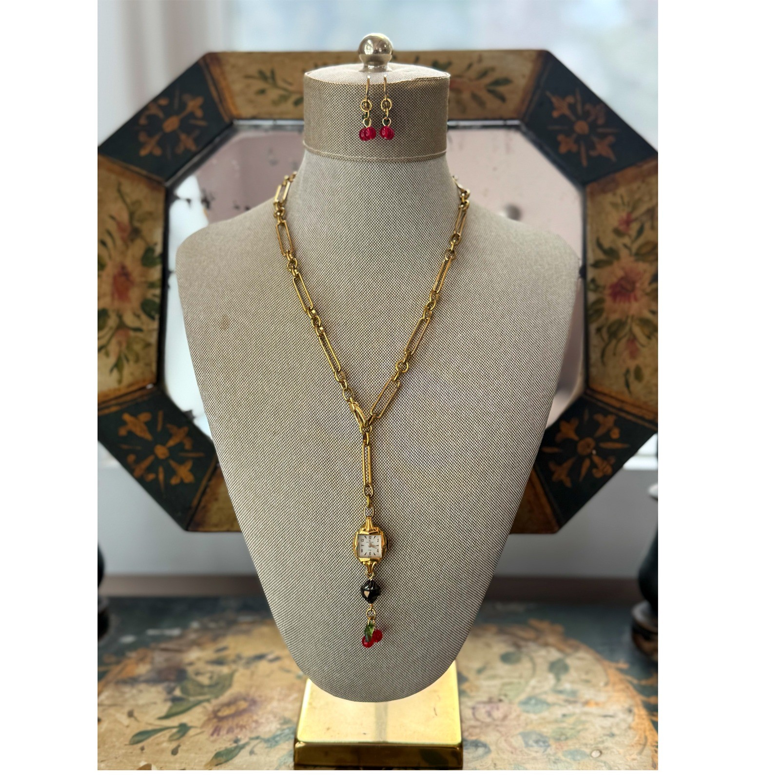 Victorian Raw Brass Necklace w/ Vintage Watch & Cherry Earrings Set