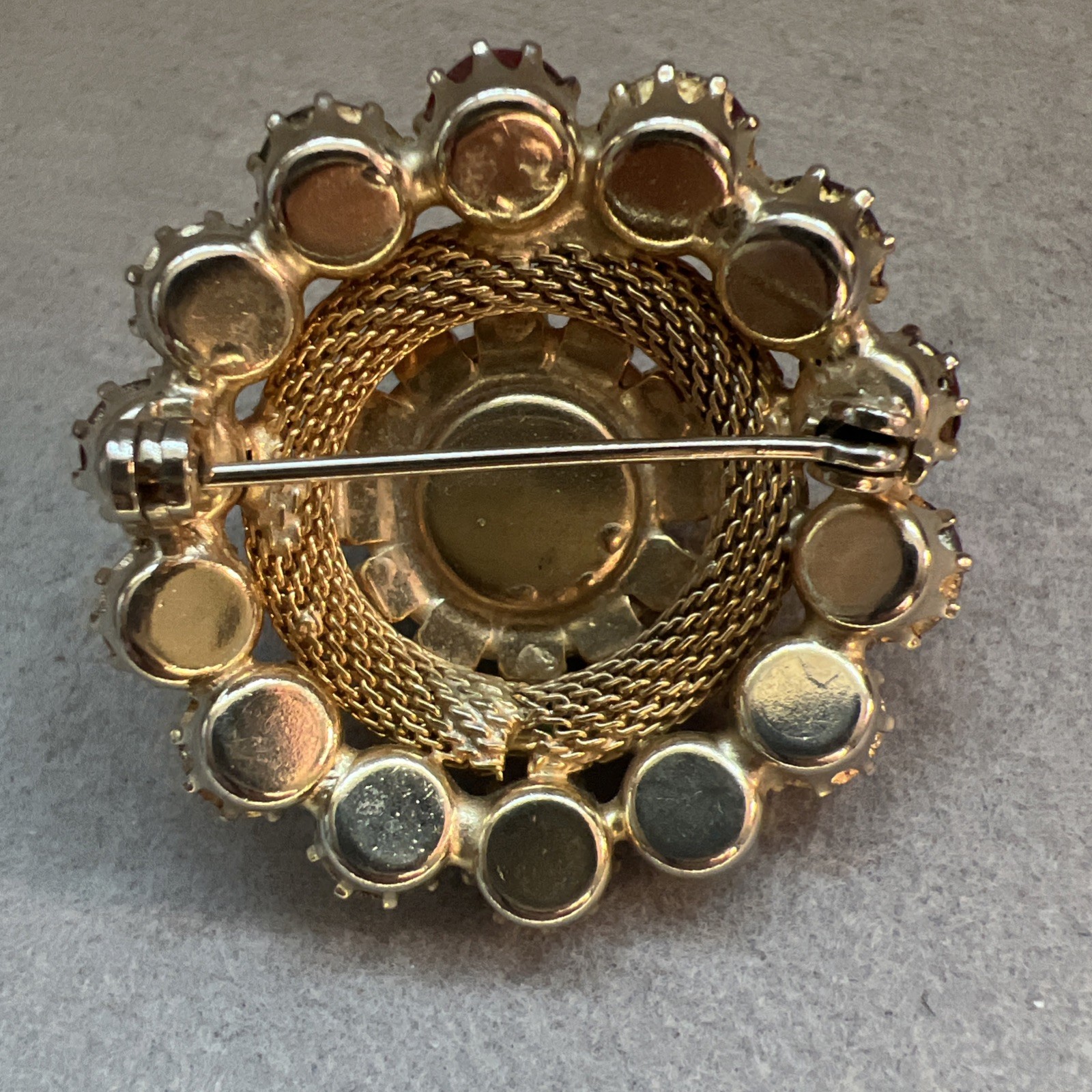 Stunning AB Siam , Rose Crystal Rhinestone and Mesh Circle Brooch 1.5″
