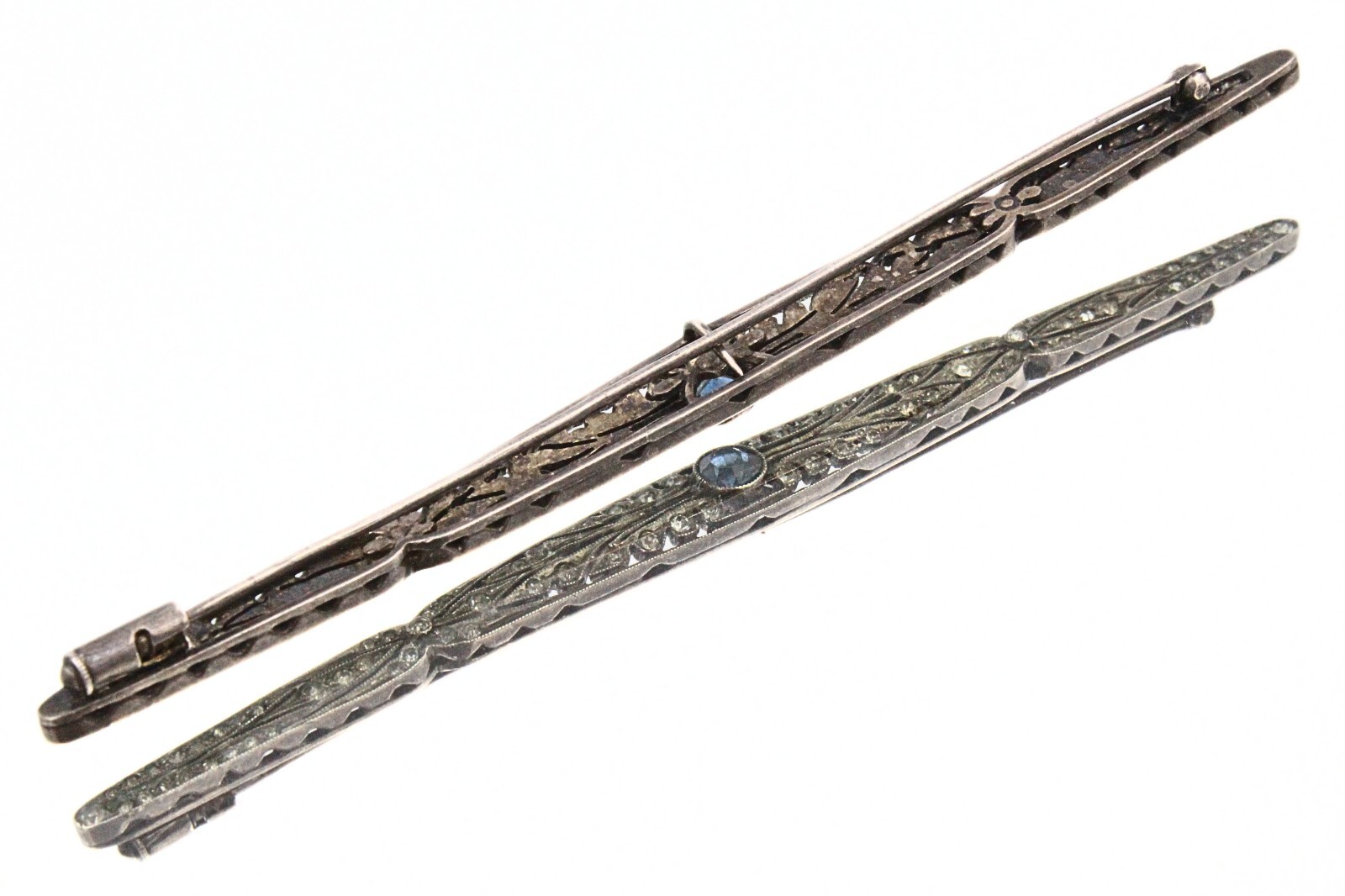 Antique French Edwardian Coin Slver Paste Glass Blue 5″ Trombone Bar Pin