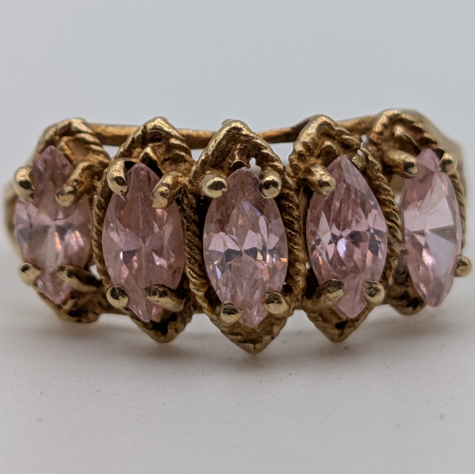 Vintage 10k Solid Yellow Gold Pink Marquise Five Stone Statement Ring Size 6