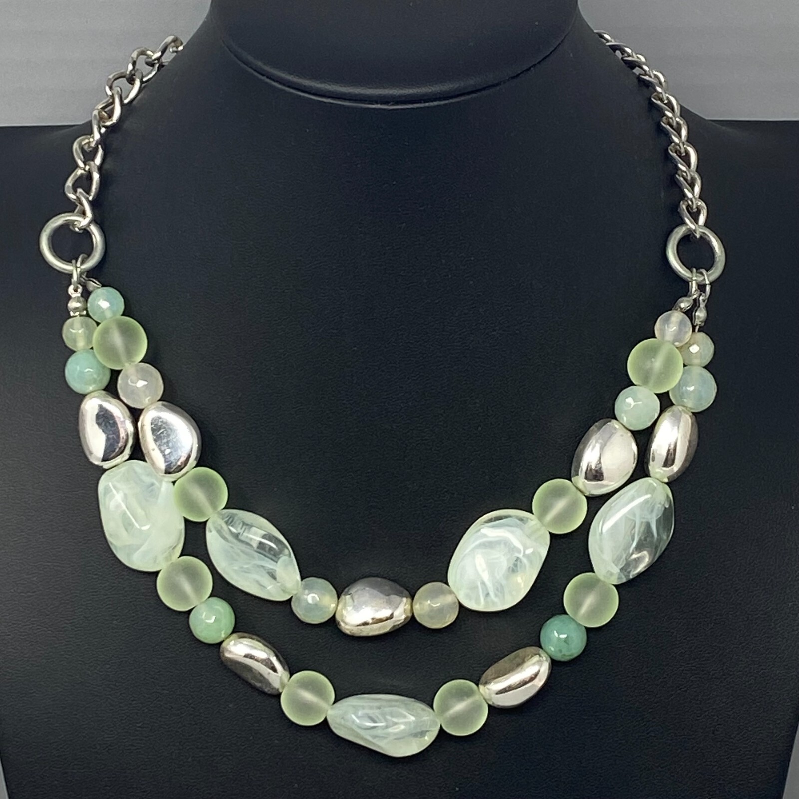 Multi Strand Necklace Green Gemstone Glass Acrylic Beads Frost Swirl Silver Tone