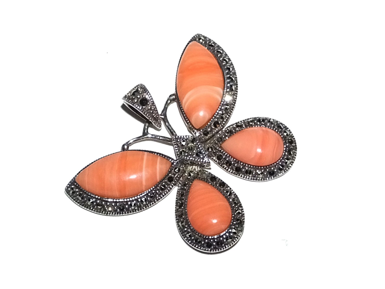 Vintage Large Butterfly Faux Coral Marcasite Sterling 925 Pendant