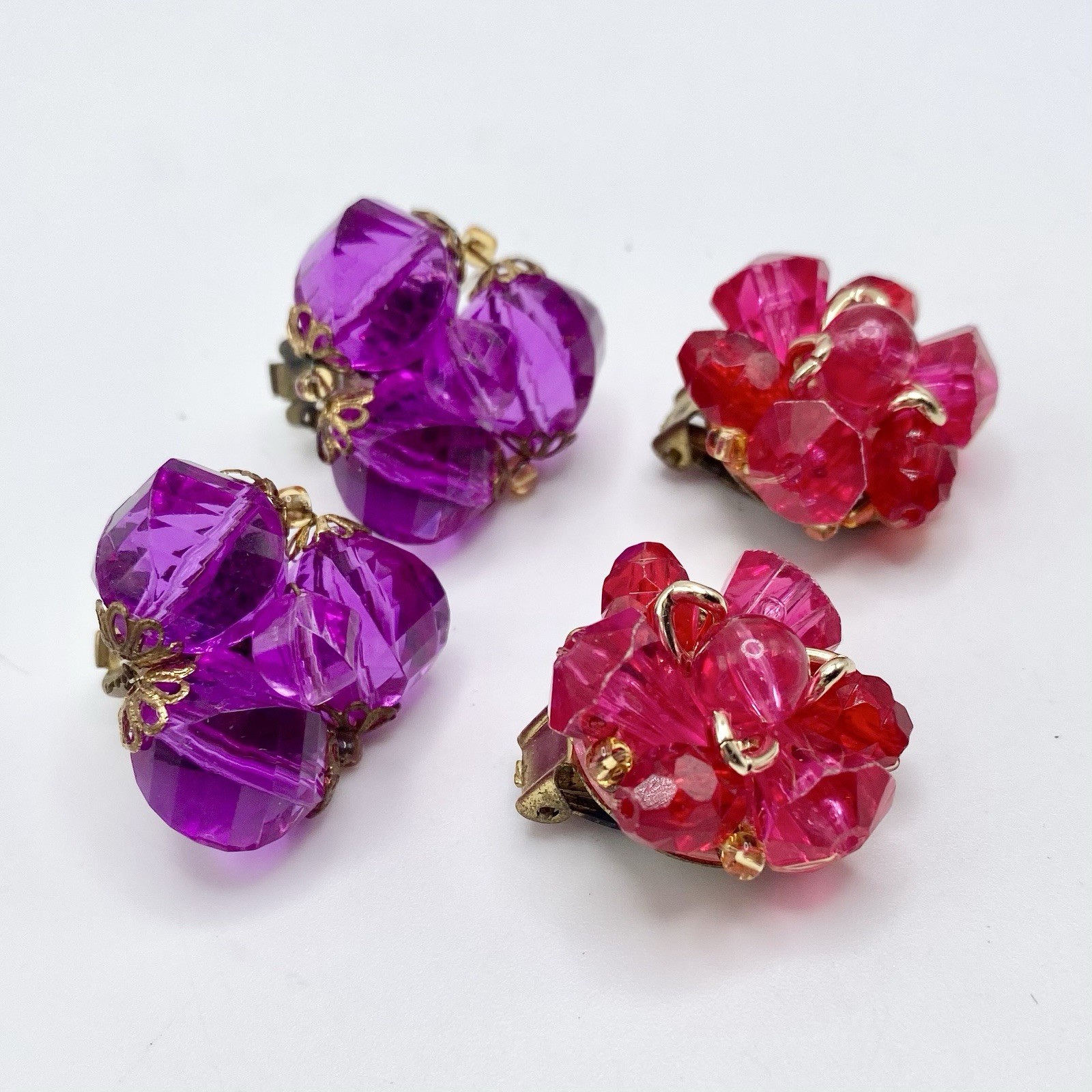Vintage West Germany Barbiecore Clip Earrings Pink Purple Lucite Mod Set