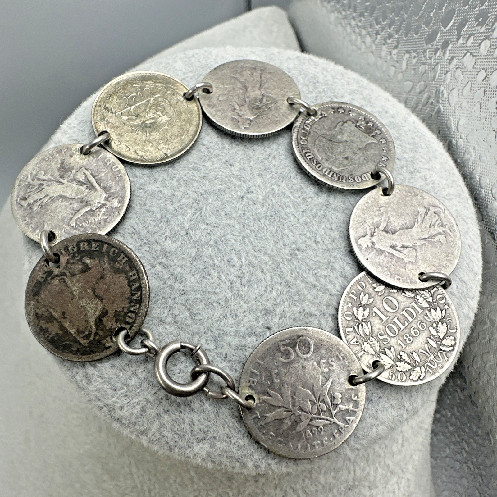 Antique Multinational Coin Link Silver Bracelet Years 1853 – 1903 19g Sz 6.25